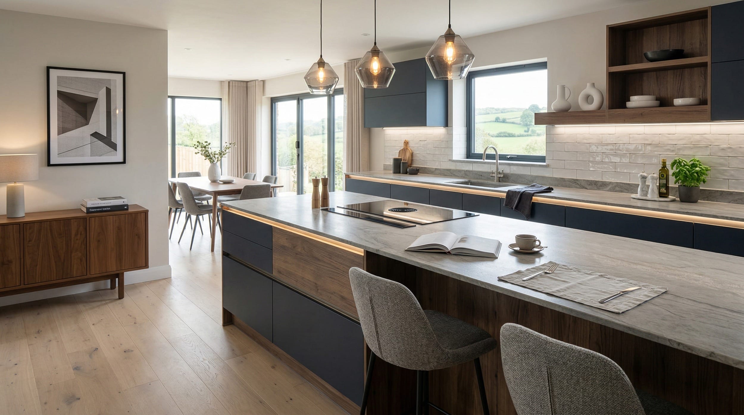 Mastercraft bespoke kitchen design, wide architectural view showing room volume and design quality