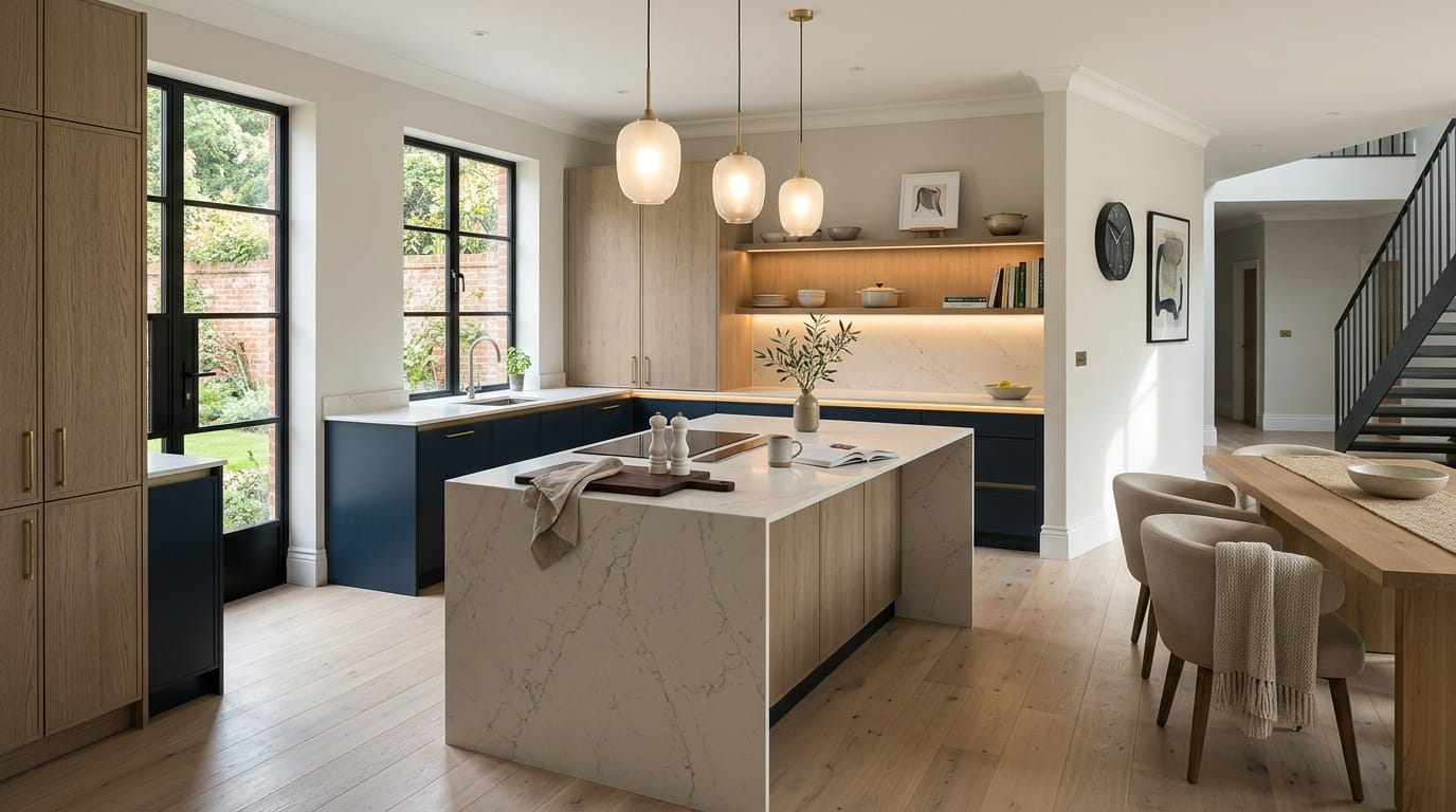 Mastercraft bespoke kitchen in Maidenhead, wide architectural view showing room volume and design quality