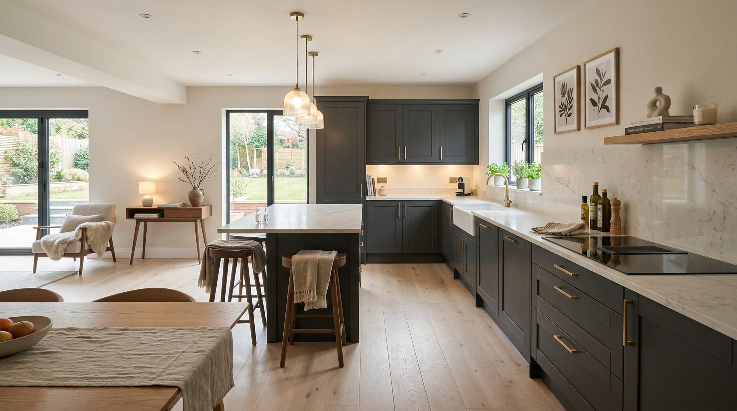 hero2_1200x675-350 Modern kitchen with dark cabinets, marble worktops, and pendant lighting over island