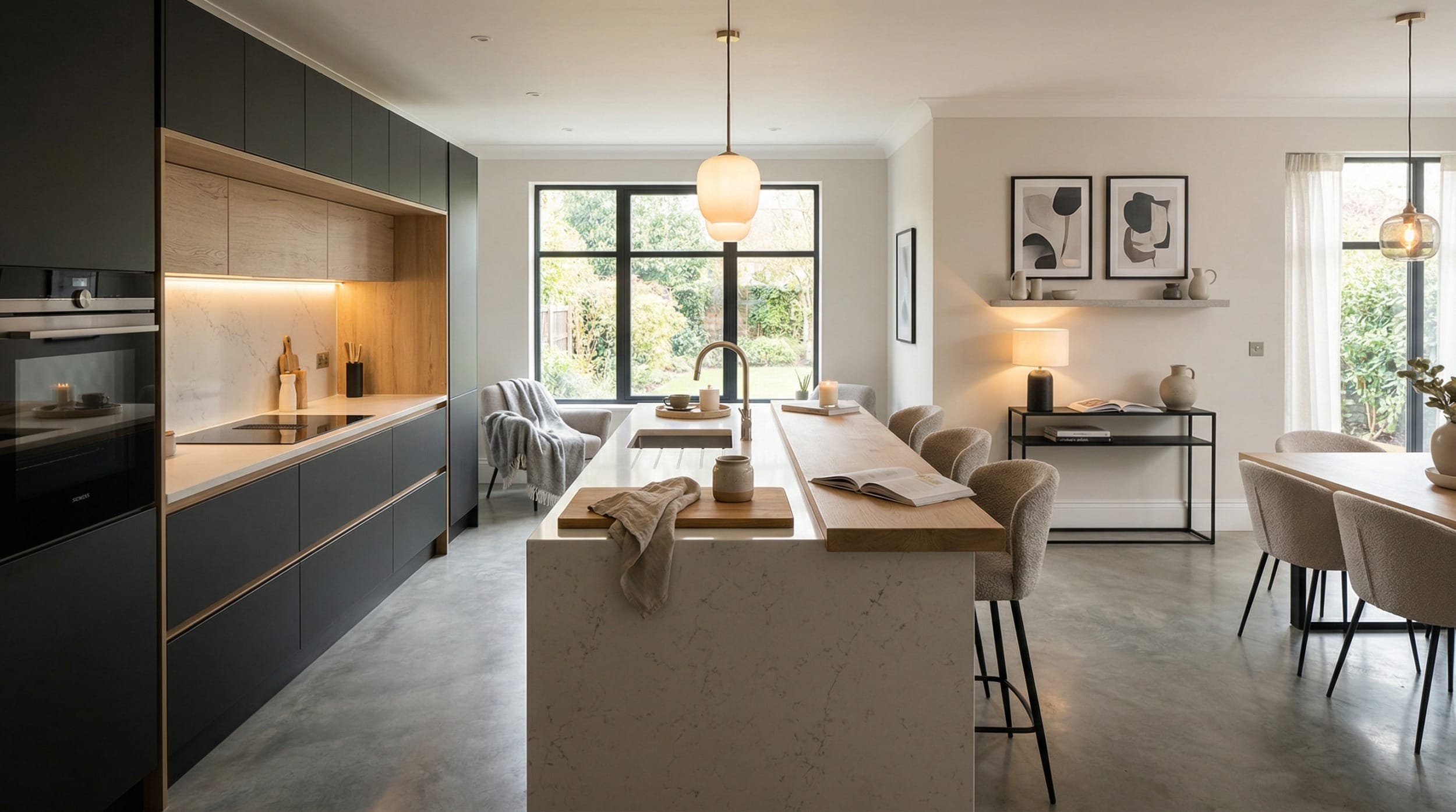 Mastercraft bespoke kitchen design, wide architectural view showing room volume and design quality