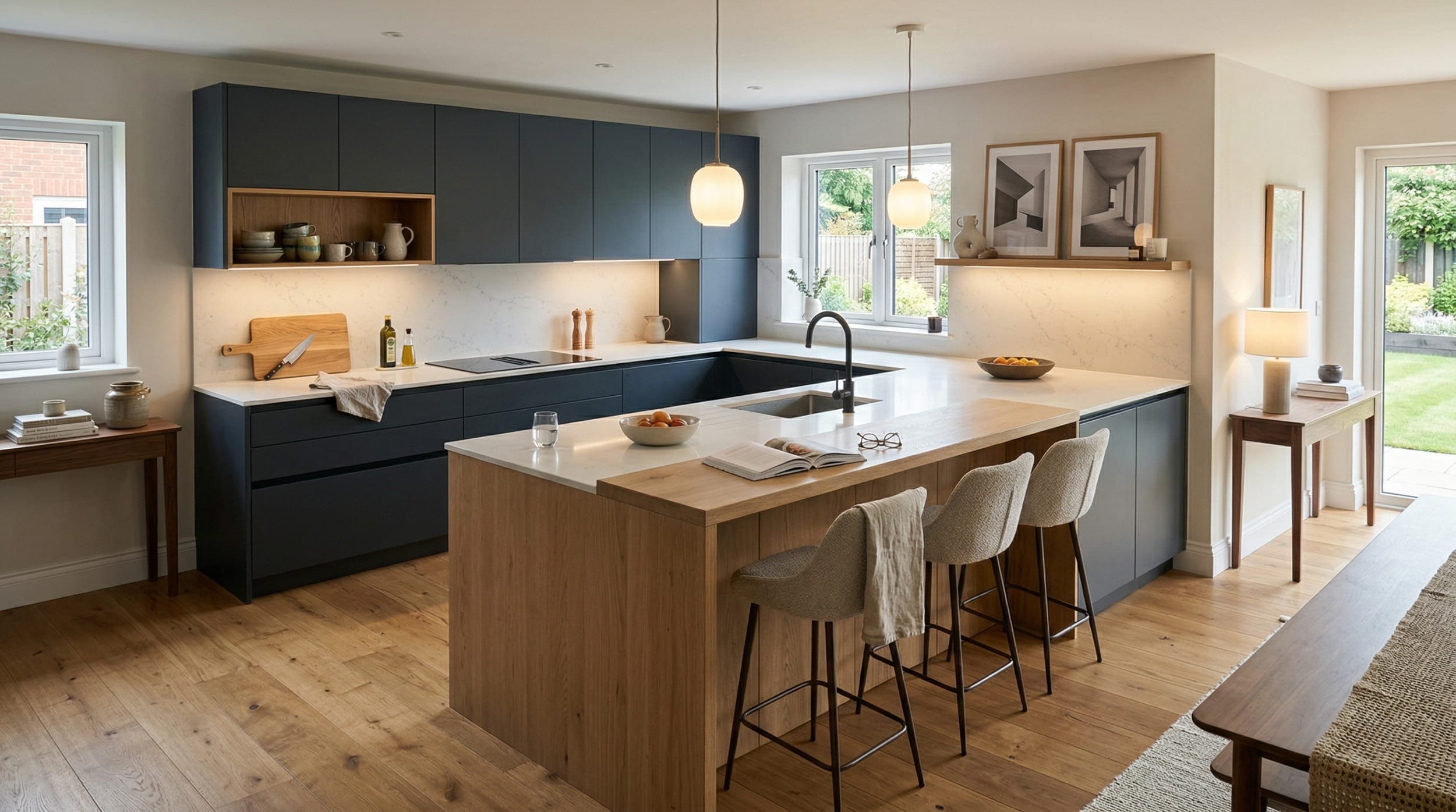 hero2_1200x675-352 Modern kitchen with dark cabinets, wood island, pendant lights and light wood flooring