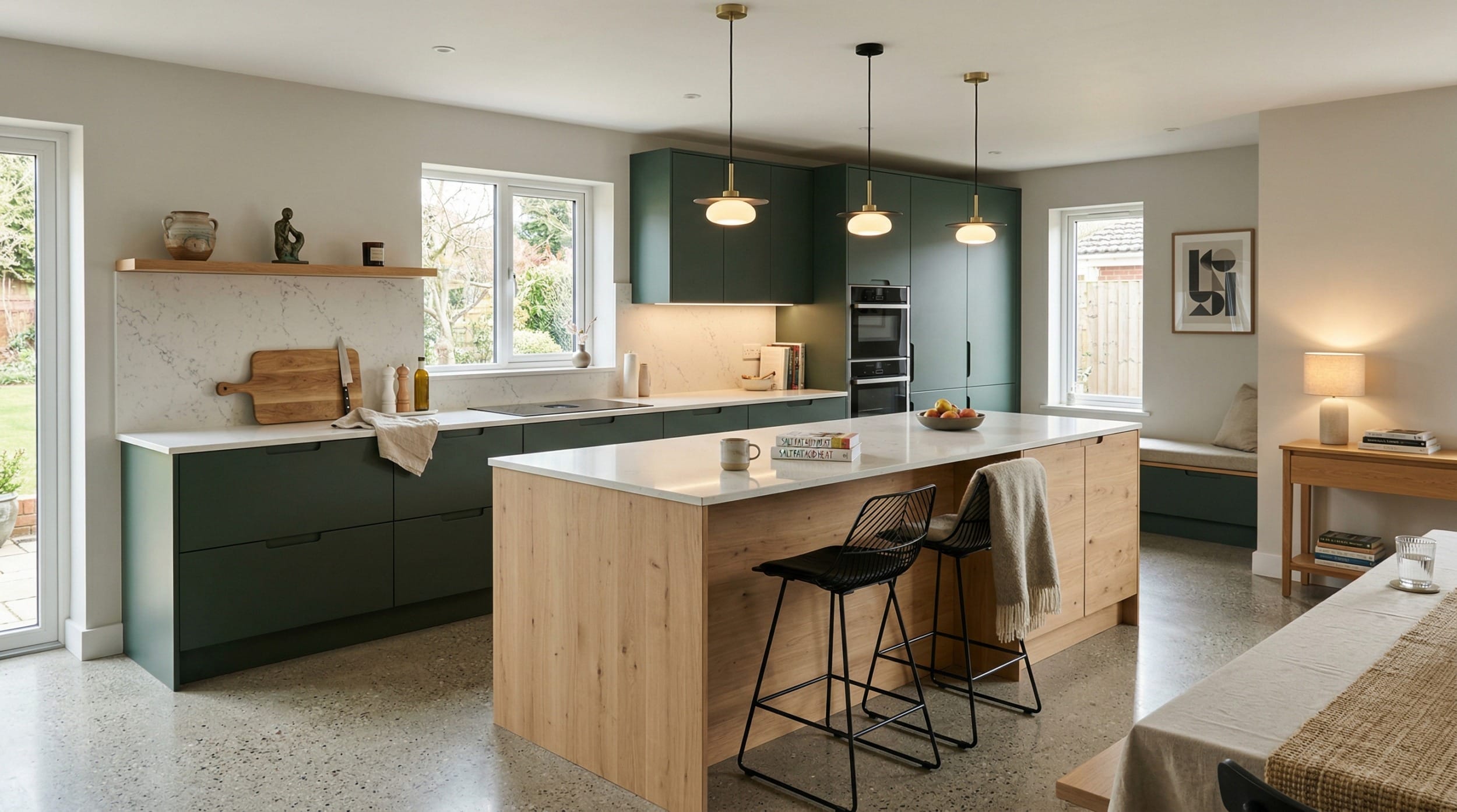 Mastercraft bespoke kitchen design, wide architectural view showing room volume and design quality