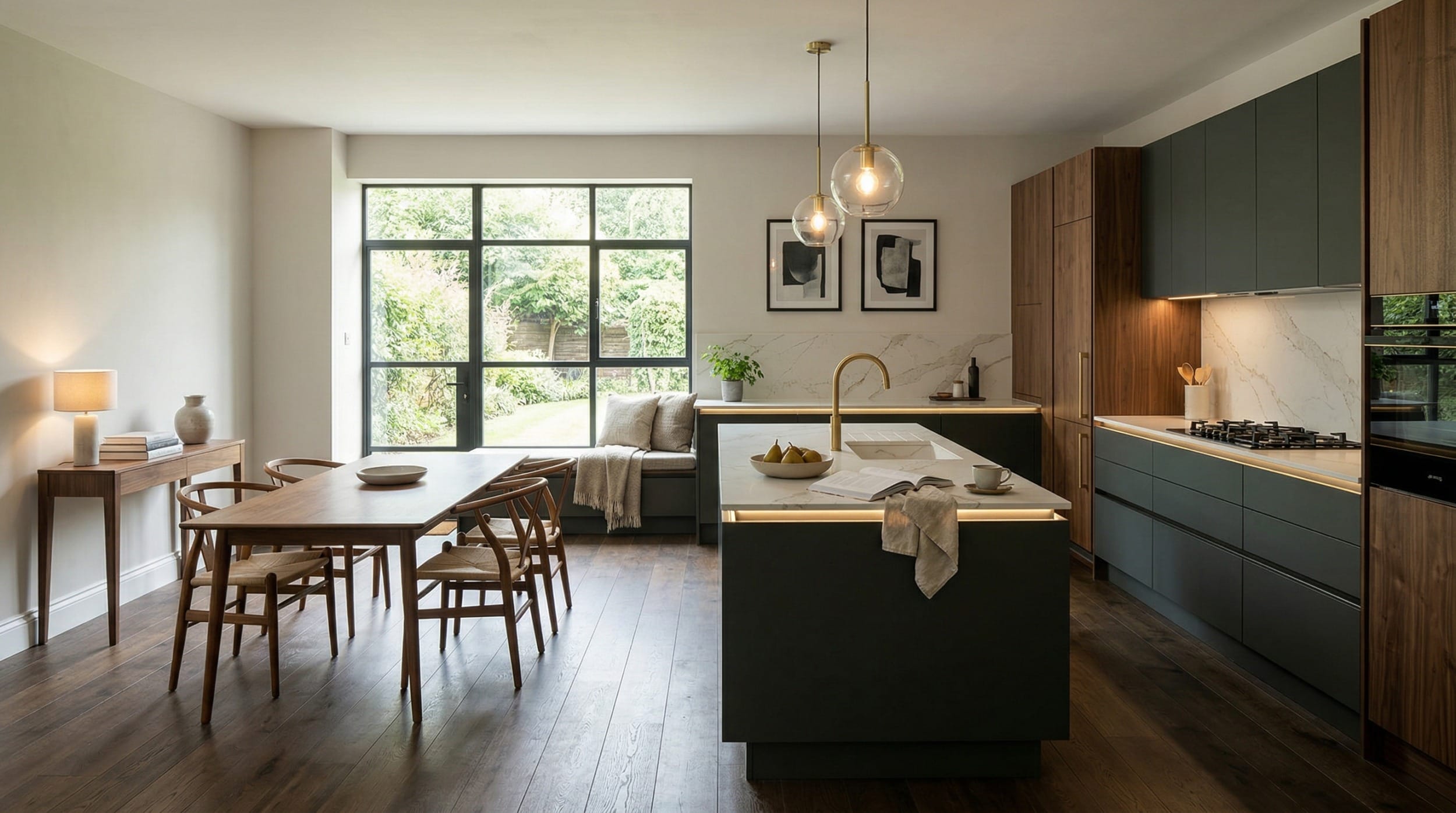 Modern Mastercraft kitchen with dark green cabinets, wood accents and globe pendant lights