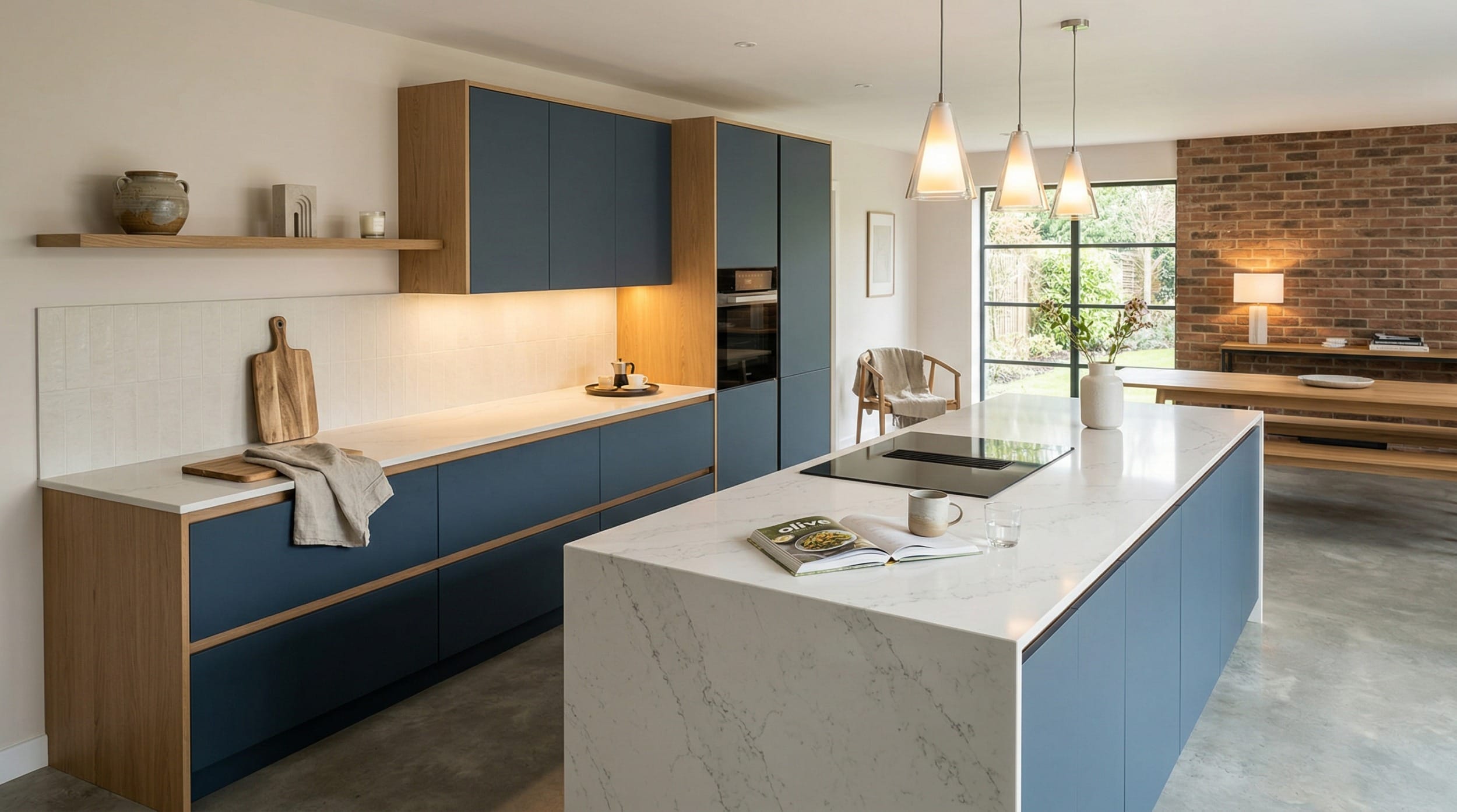 Modern Mastercraft kitchen with blue cabinets, marble island and exposed brick wall
