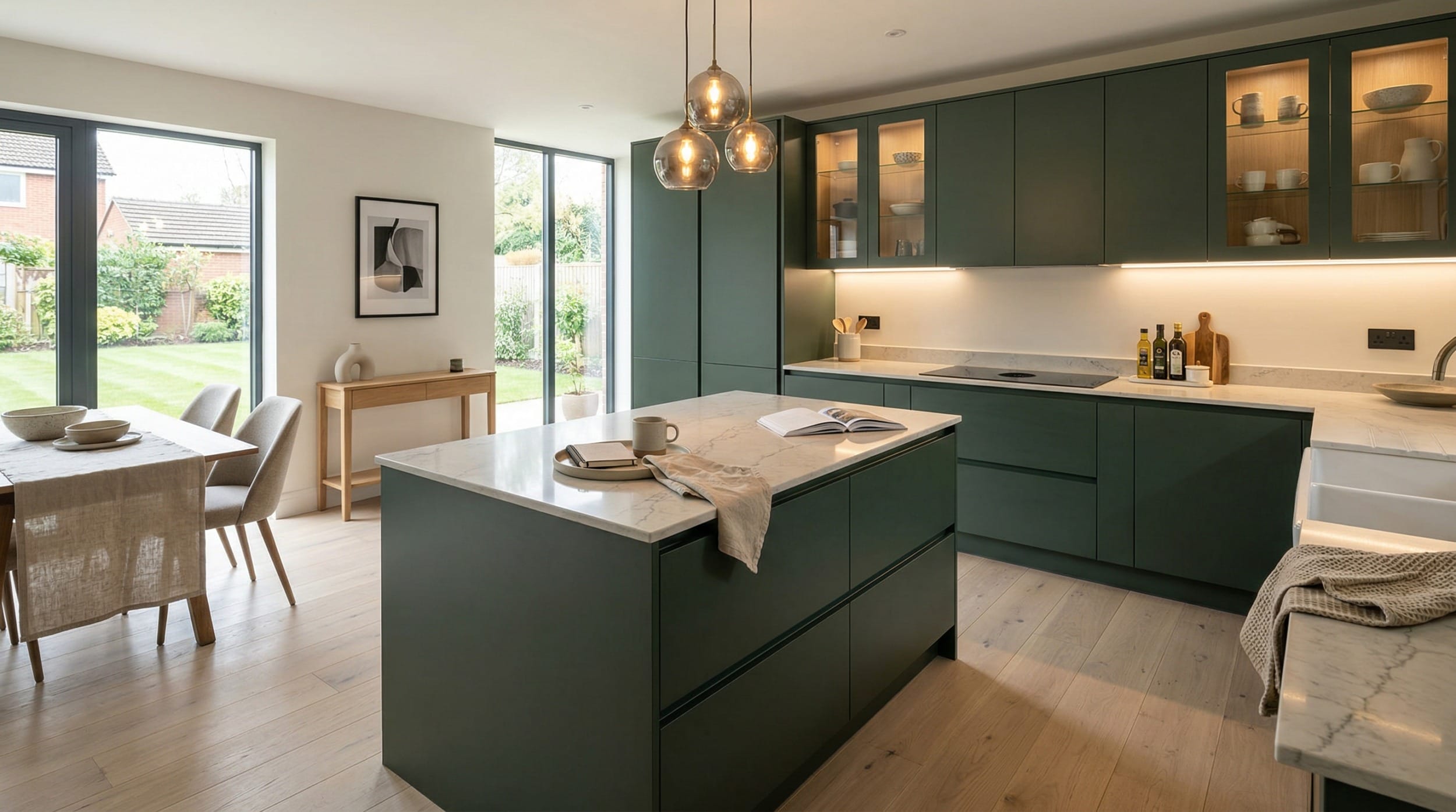 Mastercraft bespoke kitchen design, wide architectural view showing room volume and design quality