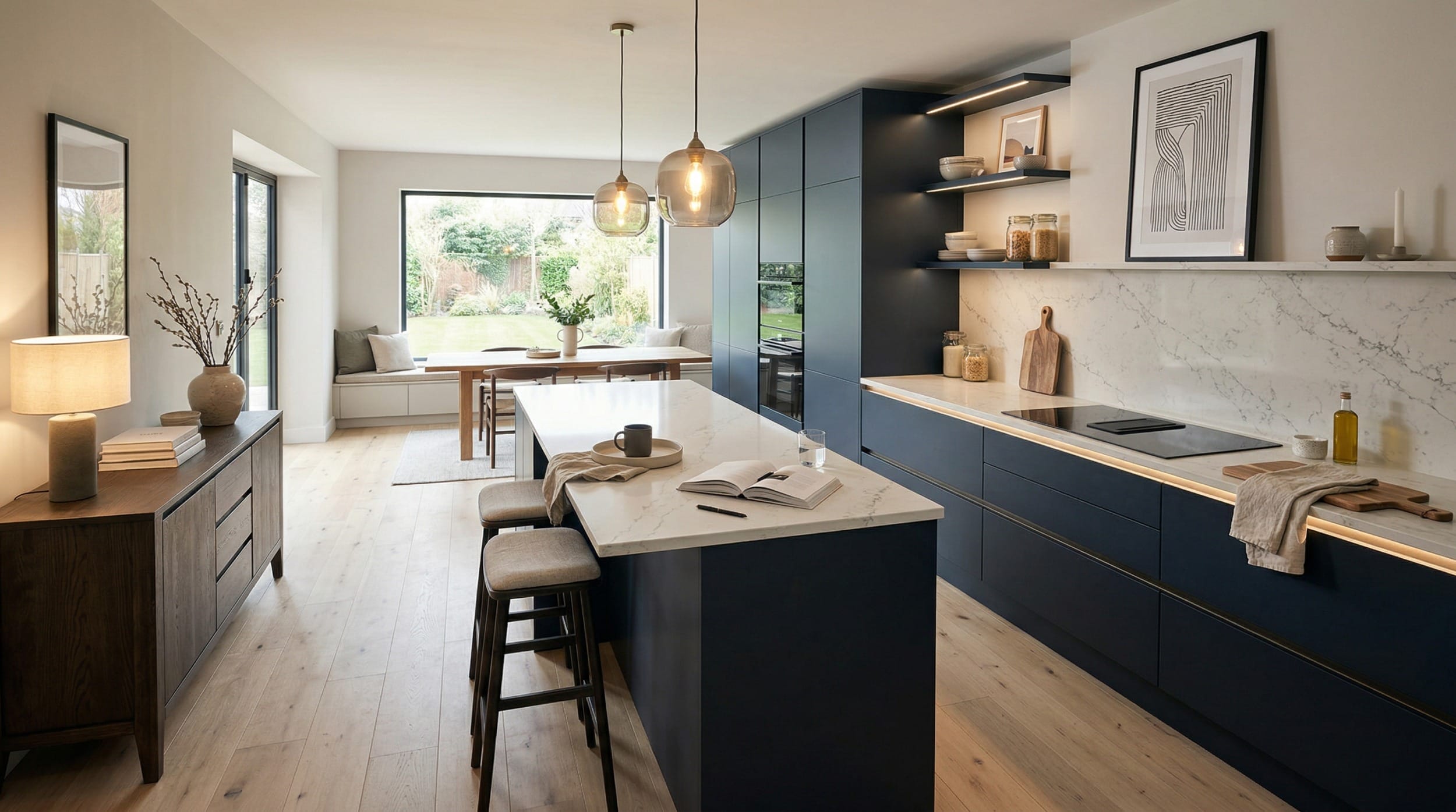 Mastercraft bespoke kitchen design, wide architectural view showing room volume and design quality