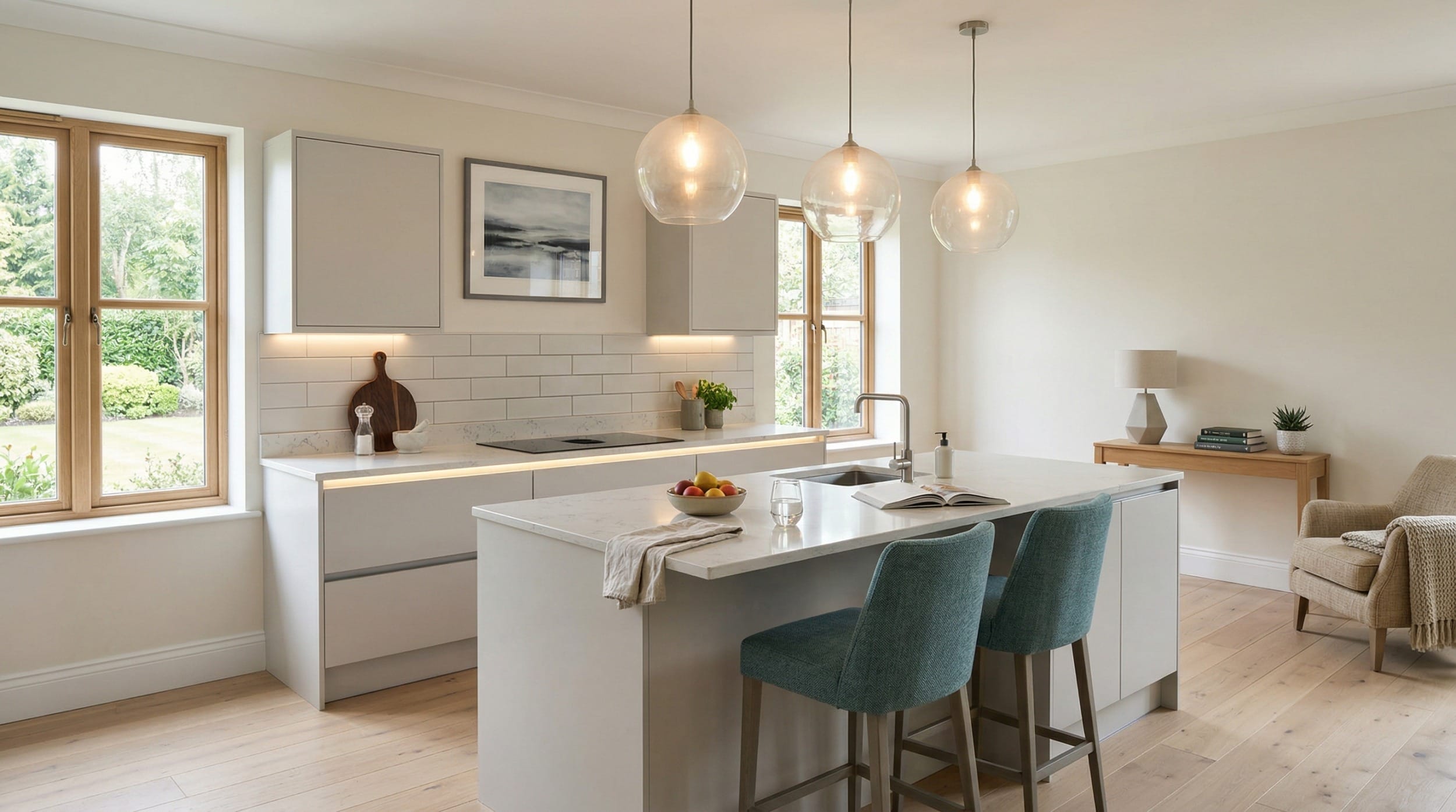 Mastercraft bespoke kitchen design, wide architectural view showing room volume and design quality