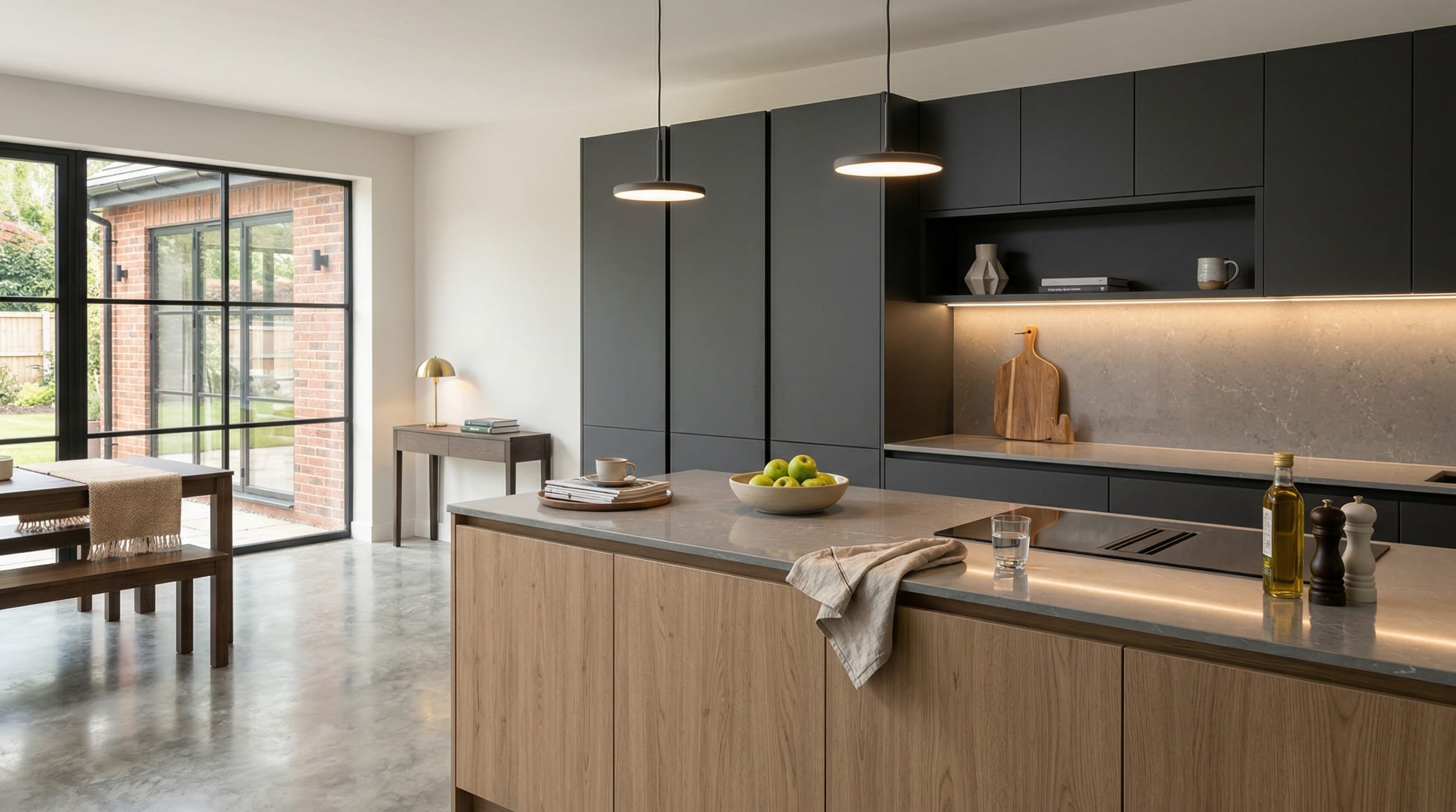 matte black cupboards with wood island and grey stone worktops