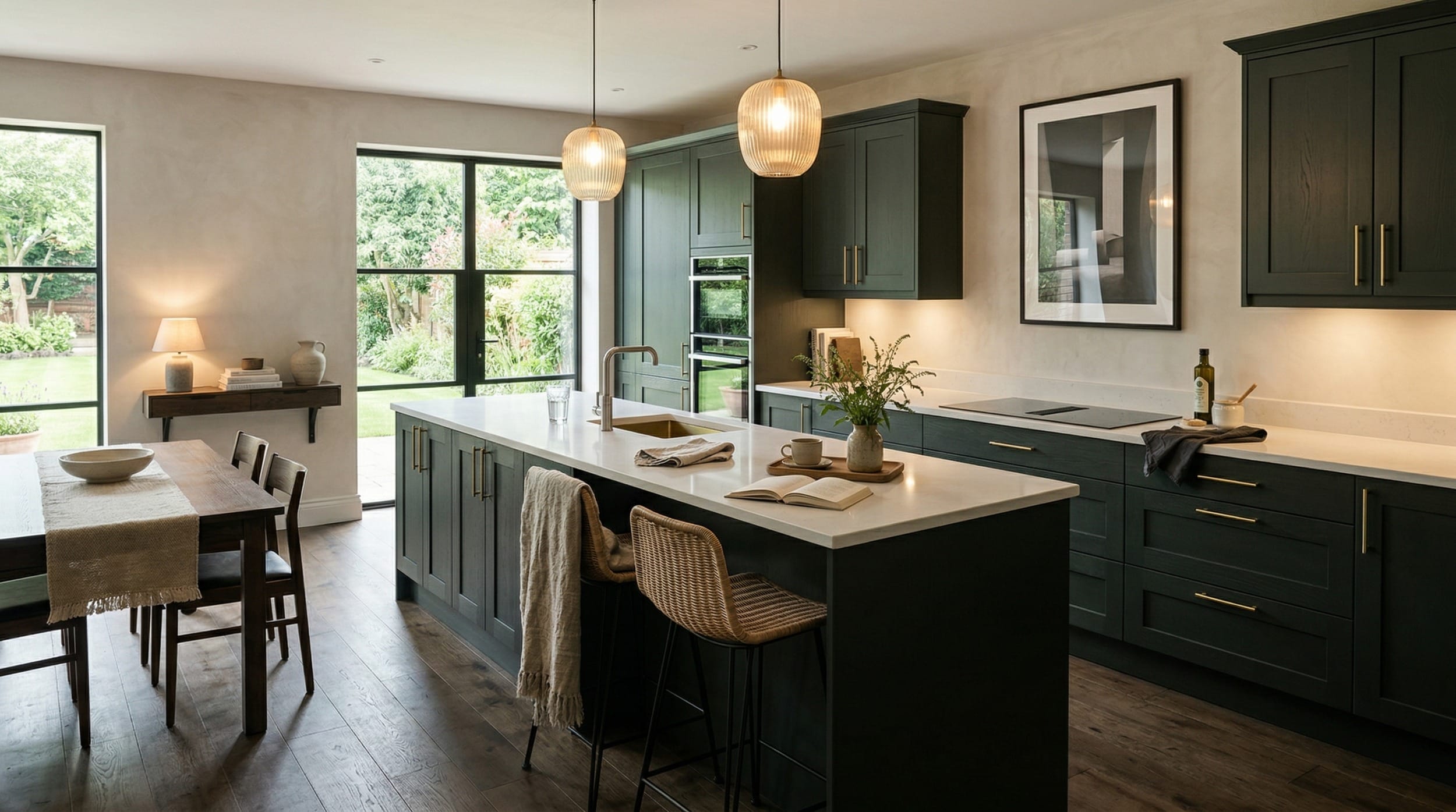 Mastercraft bespoke kitchen design, wide architectural view showing room volume and design quality