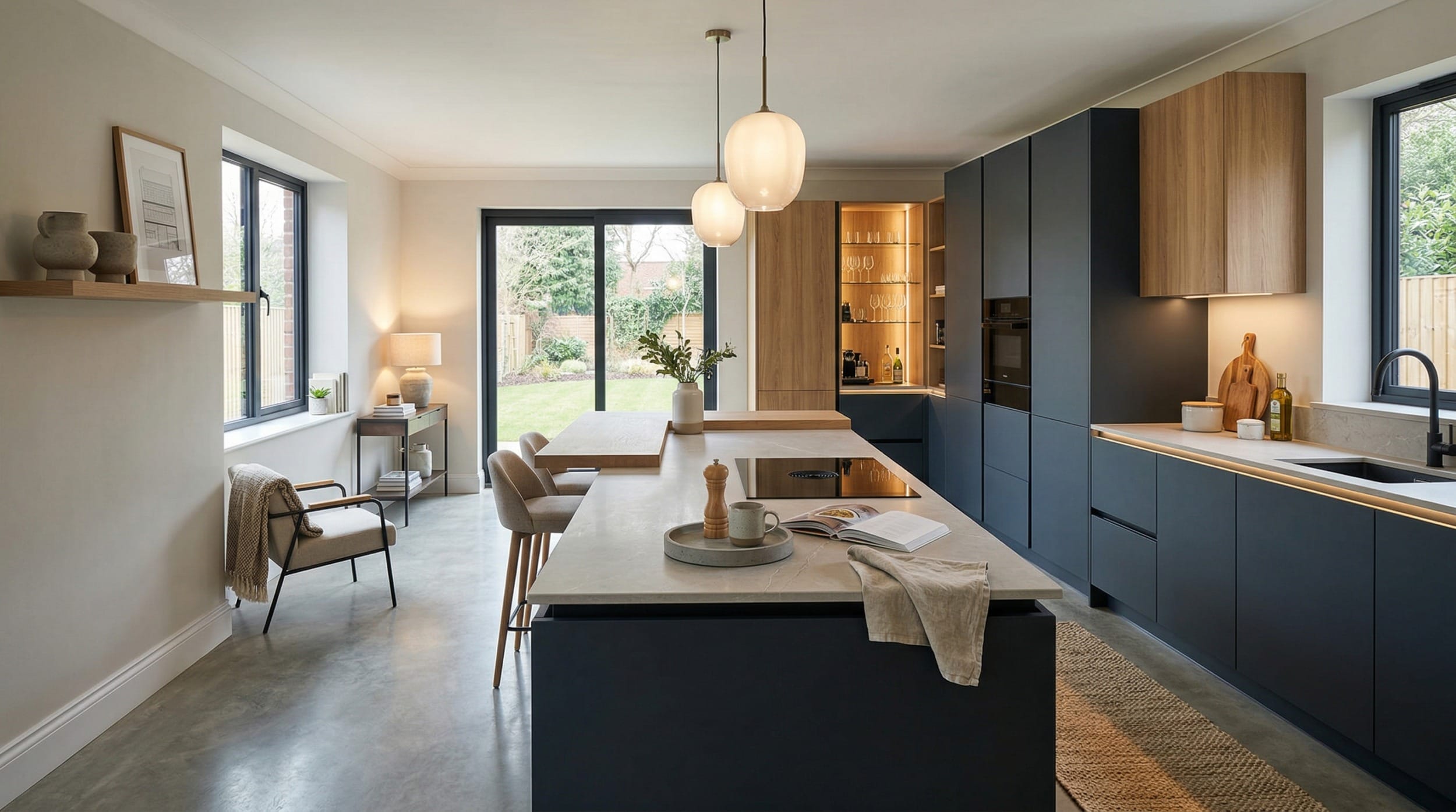 modern kitchen with matte navy units, wood accents and pendant globe lights