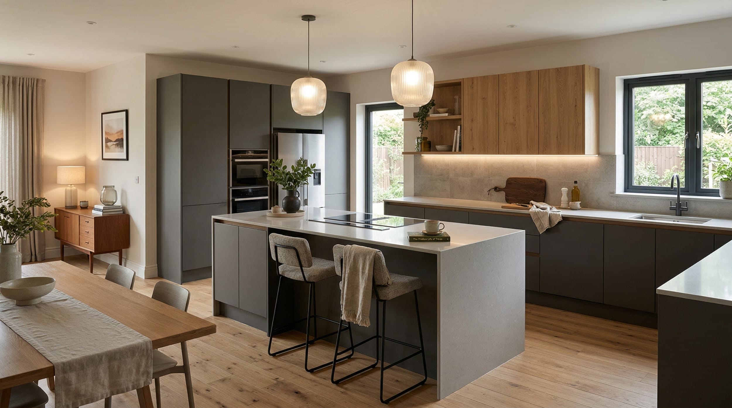 hero2_1200x675-364 Modern kitchen with matte grey units, wood accents, island and pendant lights