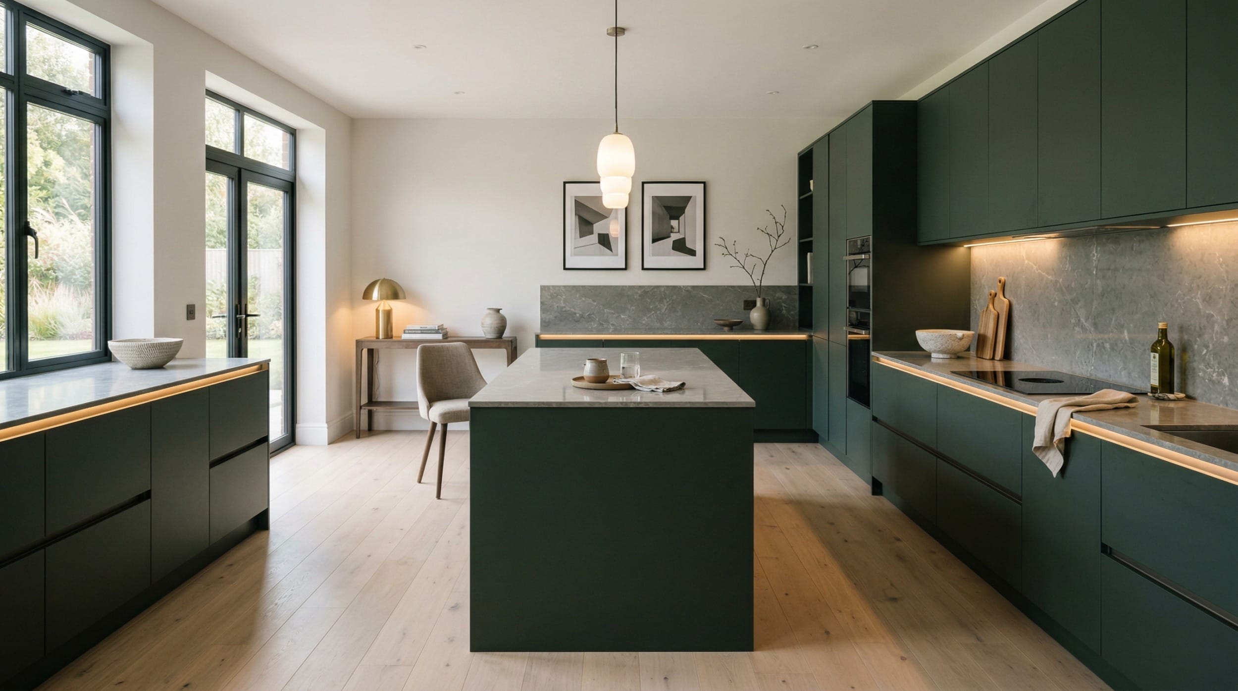 Mastercraft bespoke kitchen design, wide architectural view showing room volume and design quality