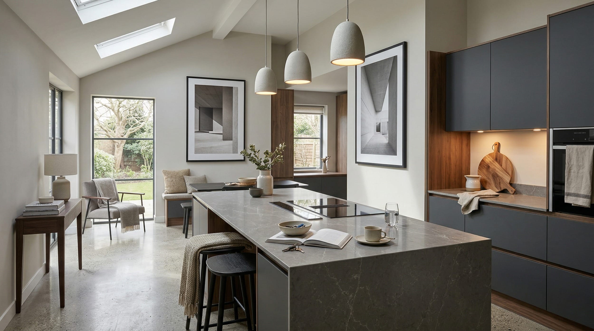 modern kitchen with grey island, pendant lights, and large monochrome wall art