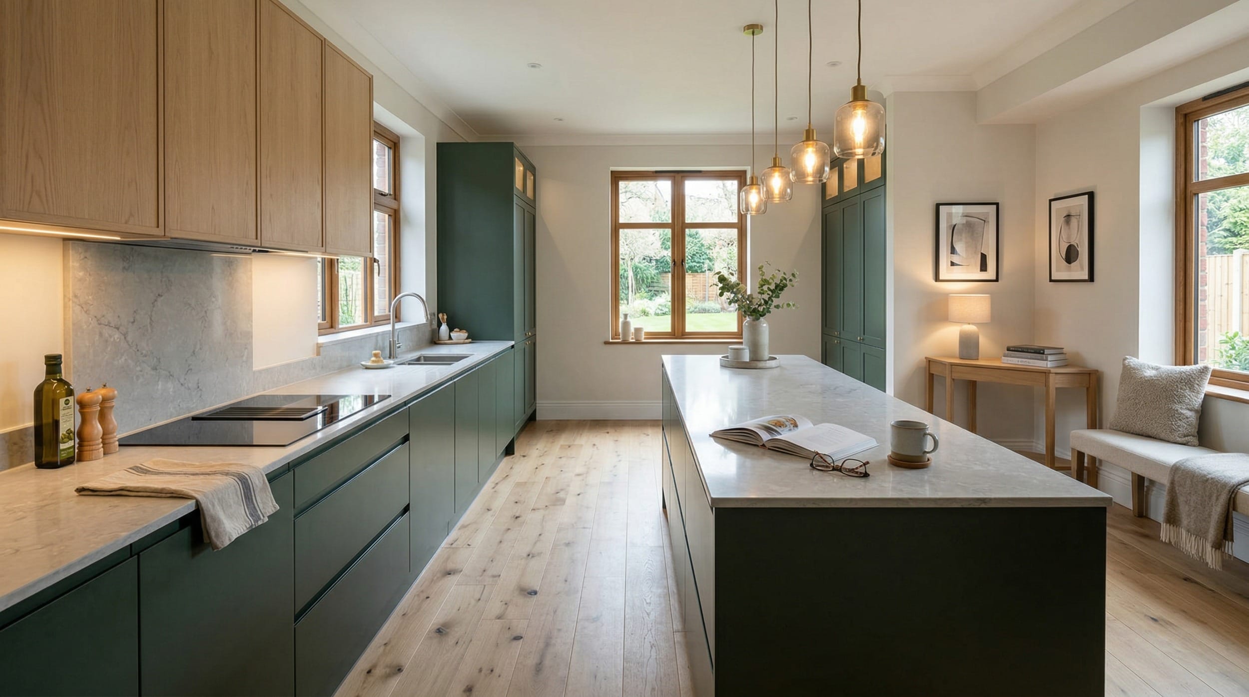 Mastercraft bespoke kitchen design, wide architectural view showing room volume and design quality