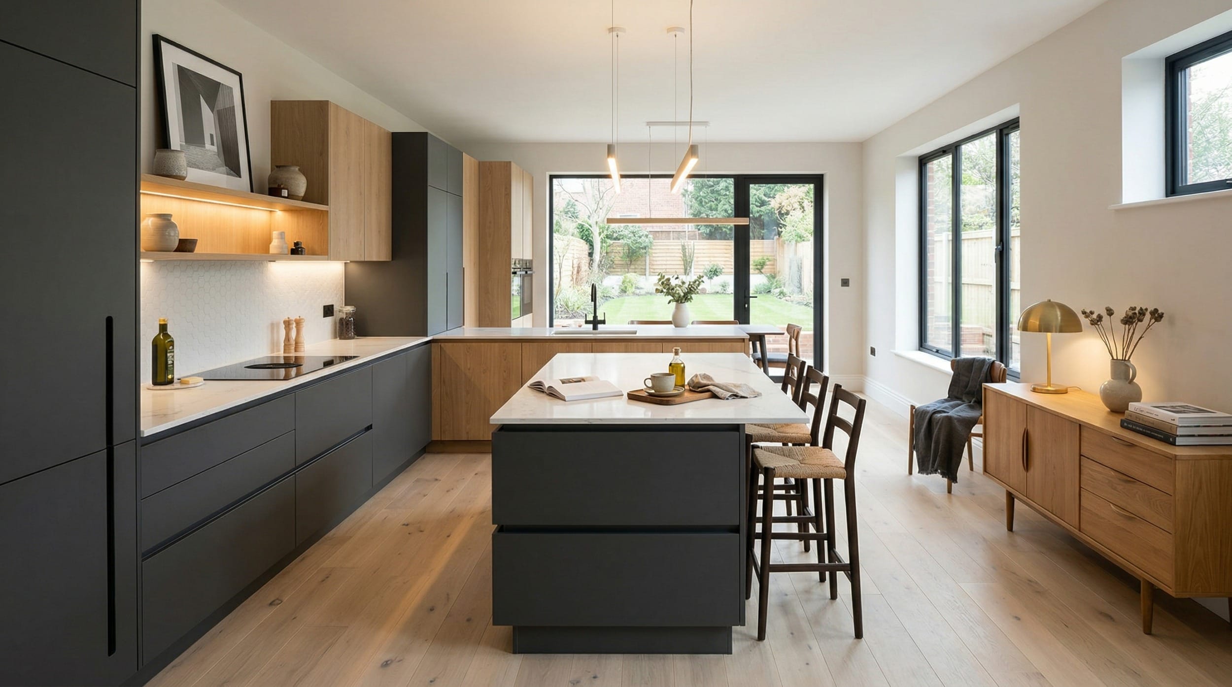 Modern kitchen with matte black units, wood accents, and large windows overlooking garden