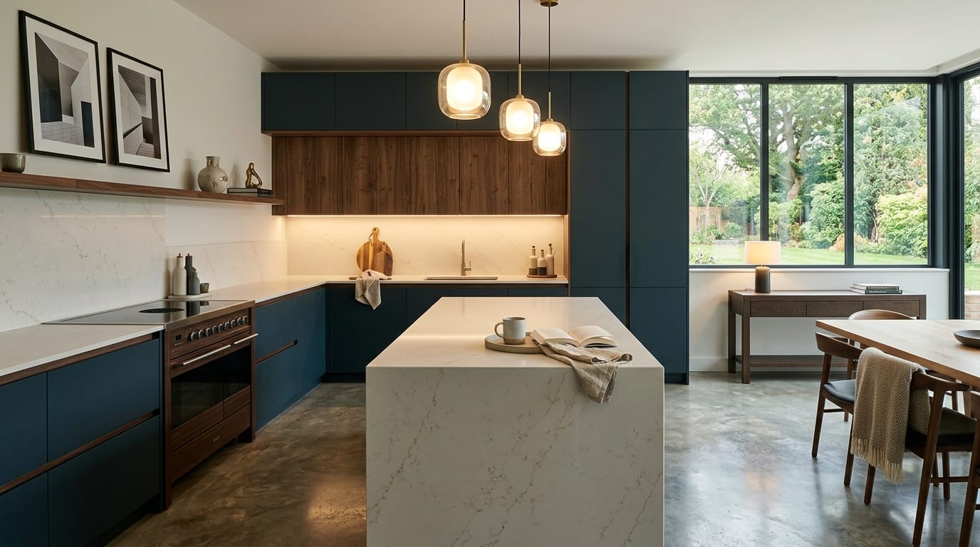 Mastercraft bespoke kitchen in Newbury, wide architectural view showing room volume and design quality