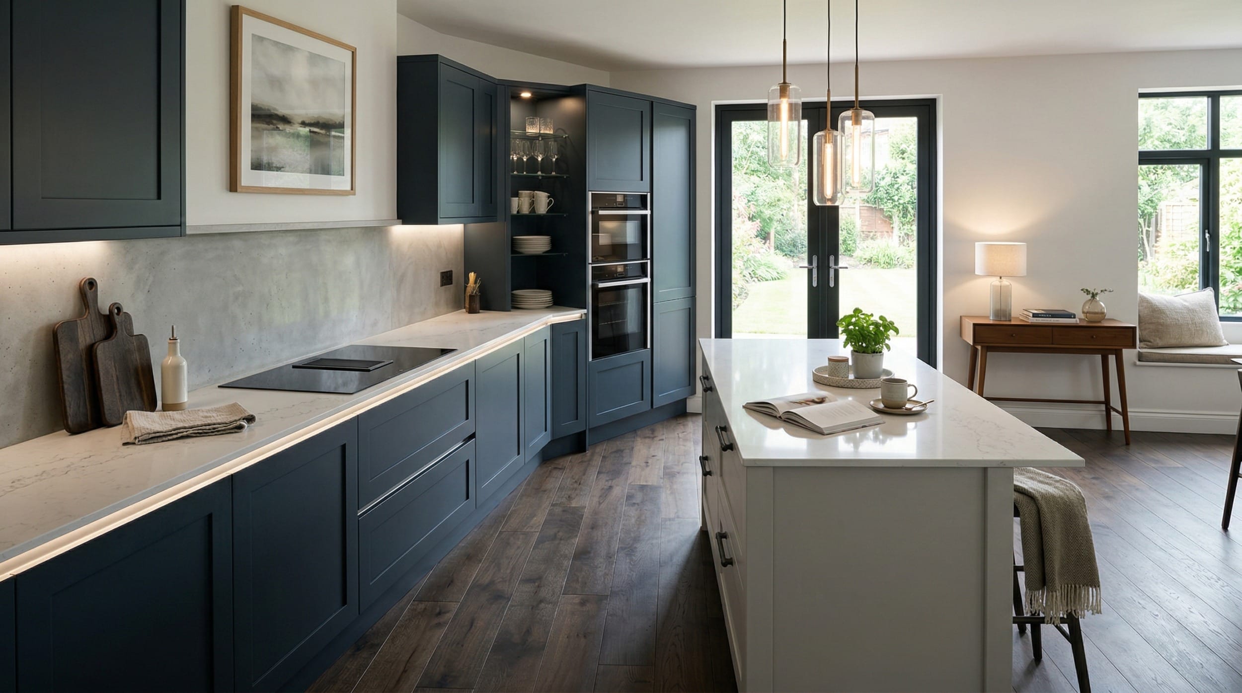 Mastercraft bespoke kitchen design, wide architectural view showing room volume and design quality