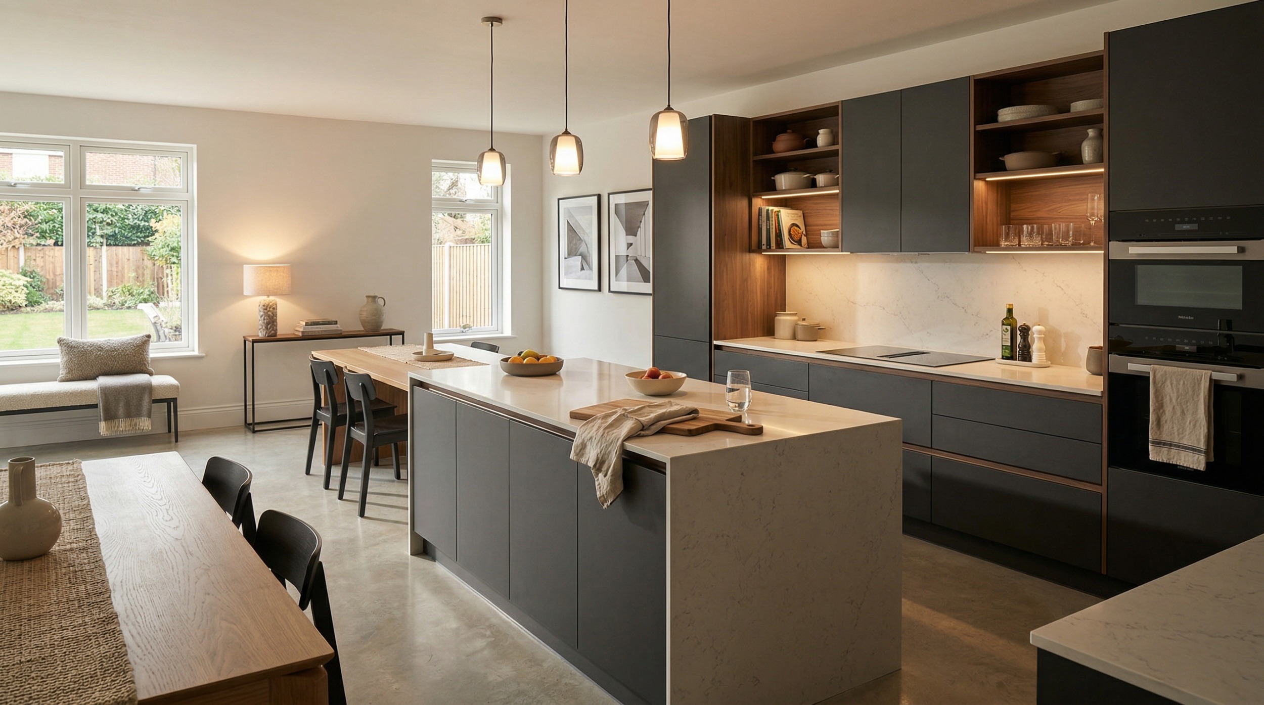 modern kitchen with dark matte cabinets, marble worktops, pendant lights and open shelving