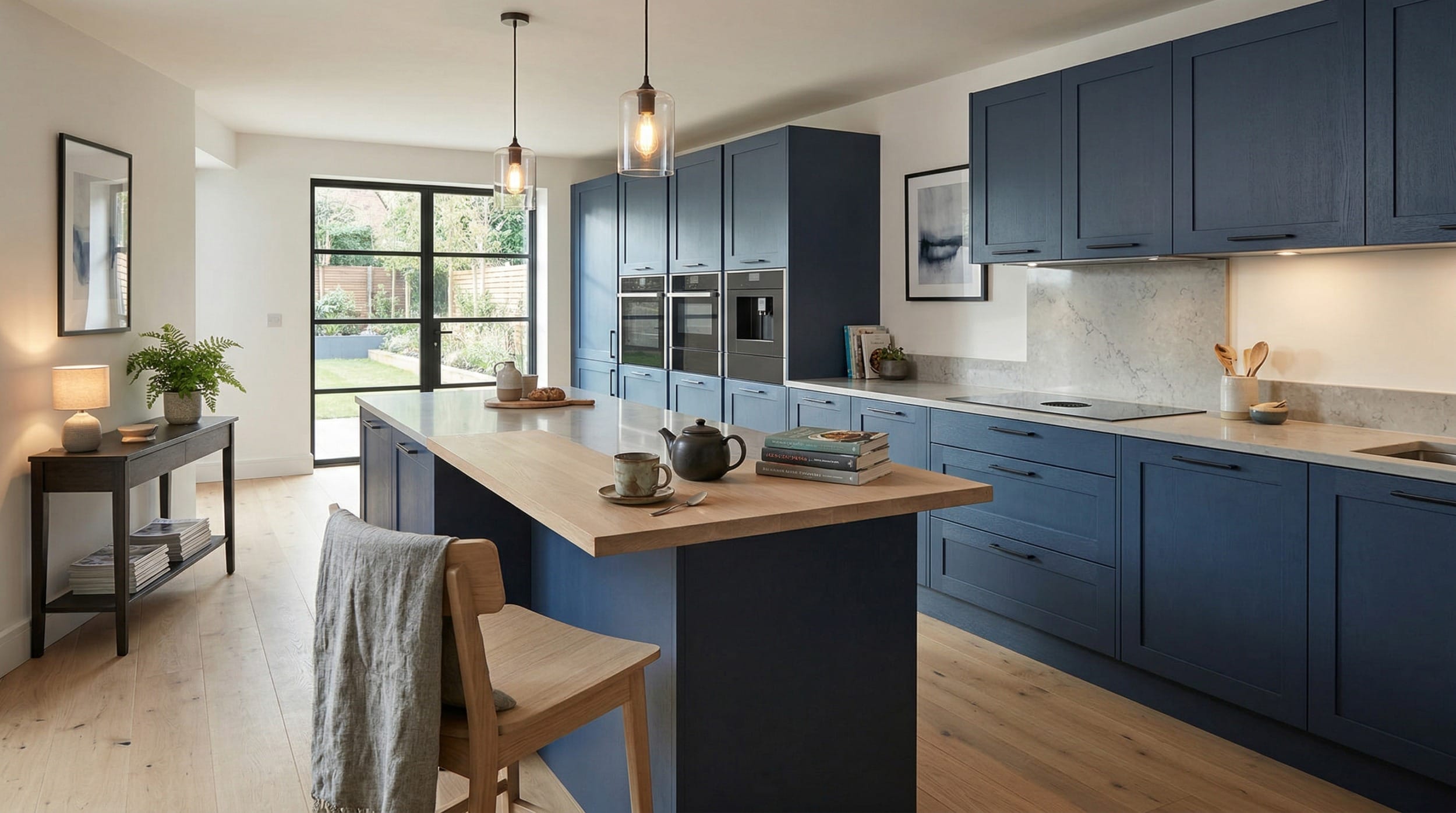 Mastercraft bespoke kitchen design, wide architectural view showing room volume and design quality