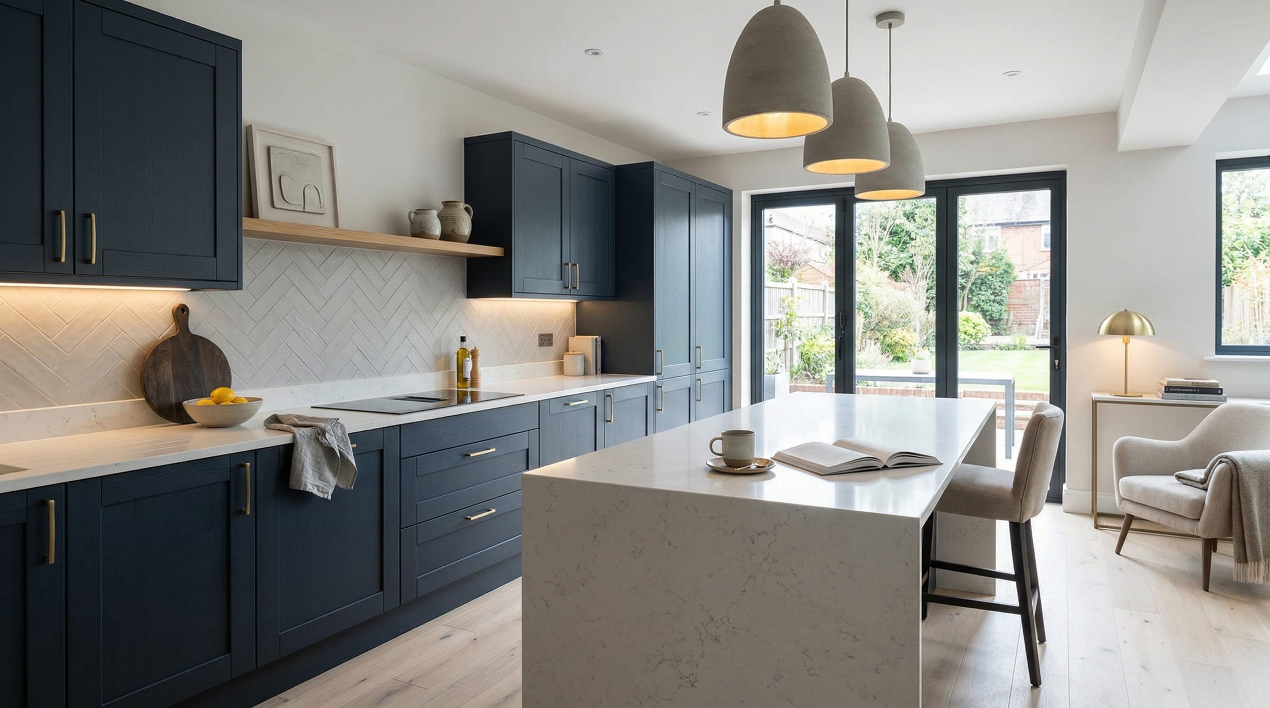 Mastercraft bespoke kitchen design, wide architectural view showing room volume and design quality