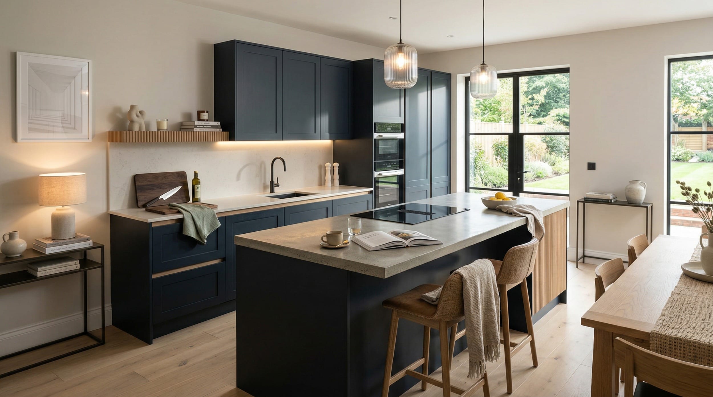 Matte navy units with pale stone worktops and ribbed wood accents