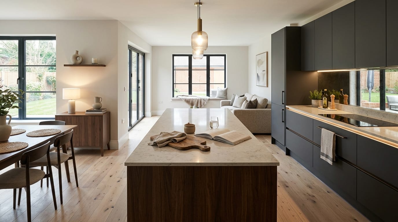 Mastercraft bespoke kitchen in Wokingham, wide architectural view showing room volume and design quality