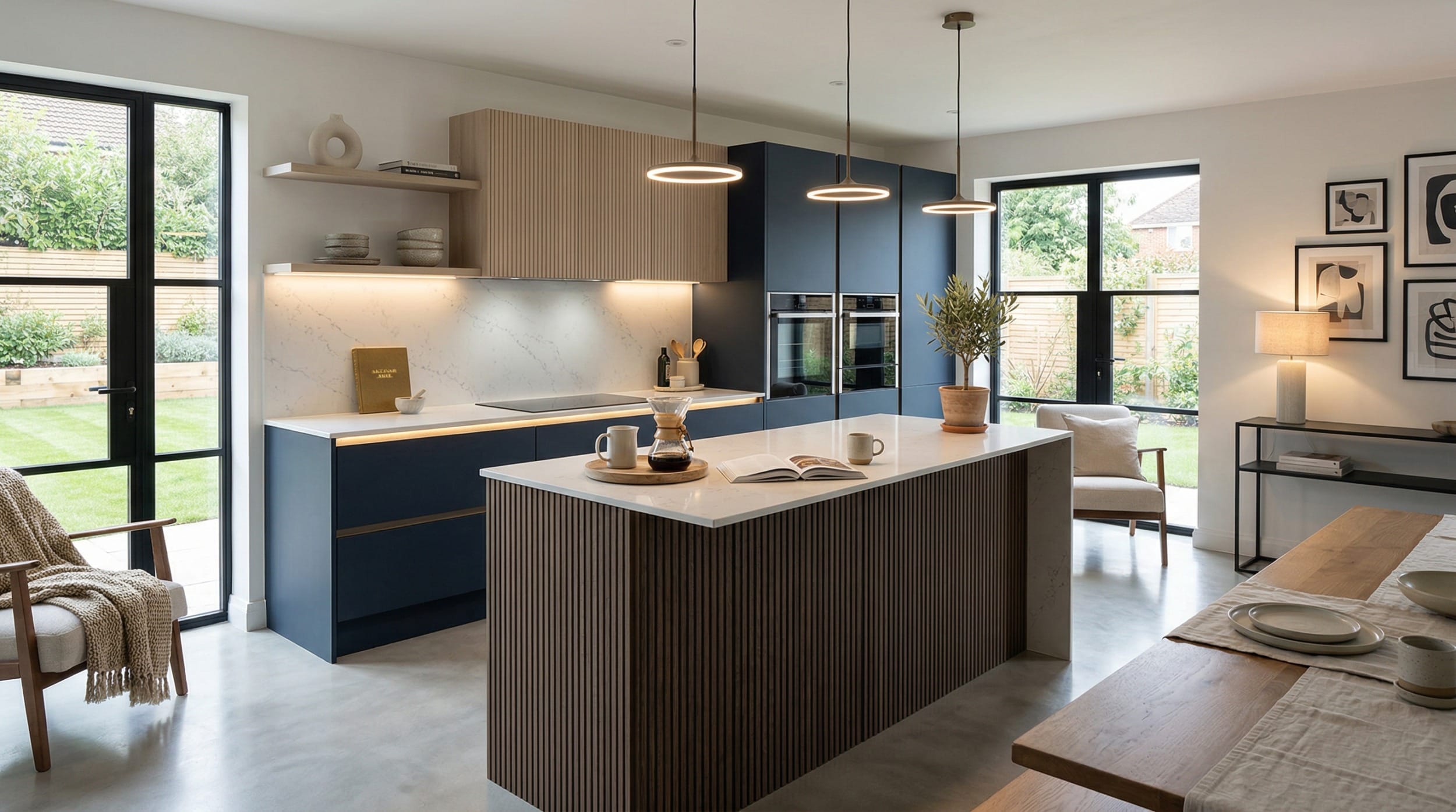 hero2_1200x675-380 Modern Mastercraft kitchen with navy units, fluted island and marble worktops