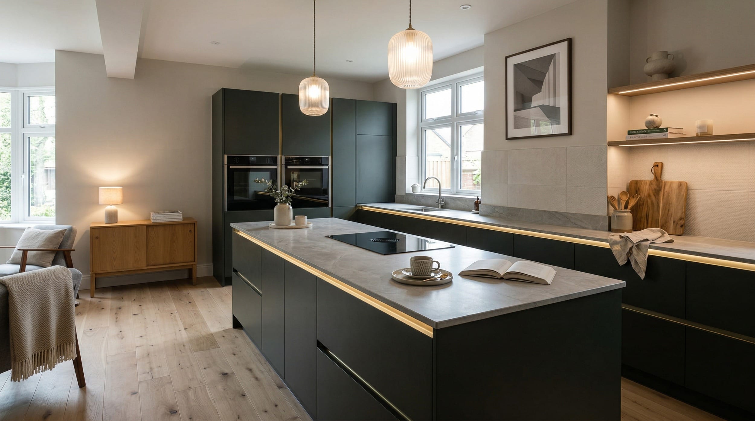 matte dark green kitchen units with marble worktops and warm under-cabinet lighting