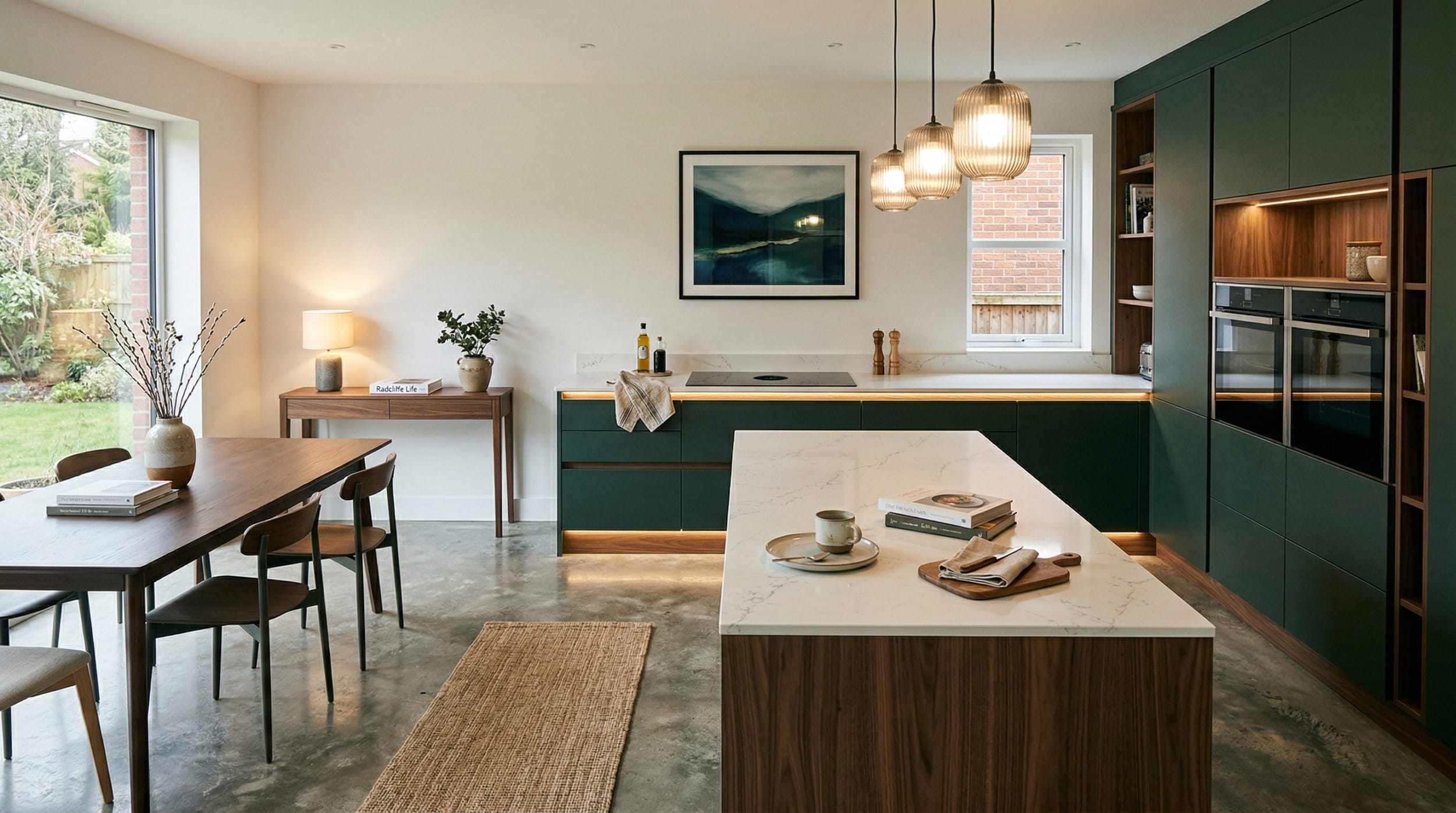 Mastercraft bespoke kitchen design, wide architectural view showing room volume and design quality