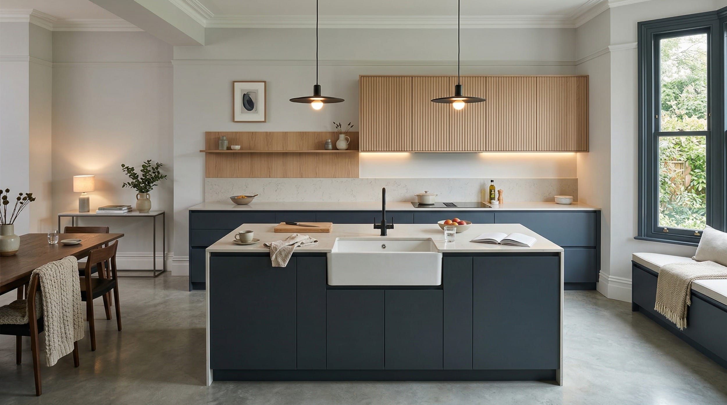 hero2_1200x675-384 Modern kitchen with navy units, wood accents, pendant lights and large white sink