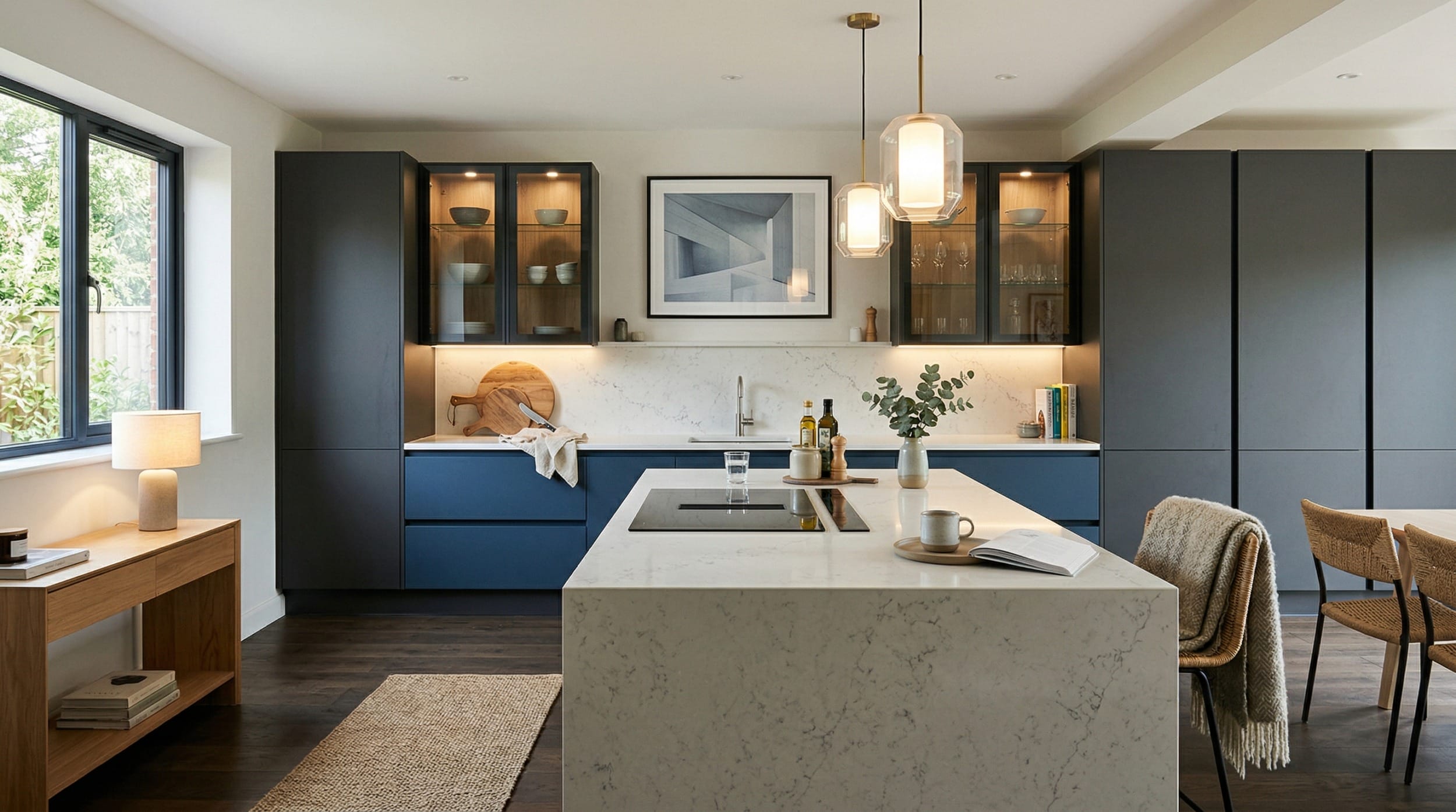 Mastercraft bespoke kitchen design, wide architectural view showing room volume and design quality