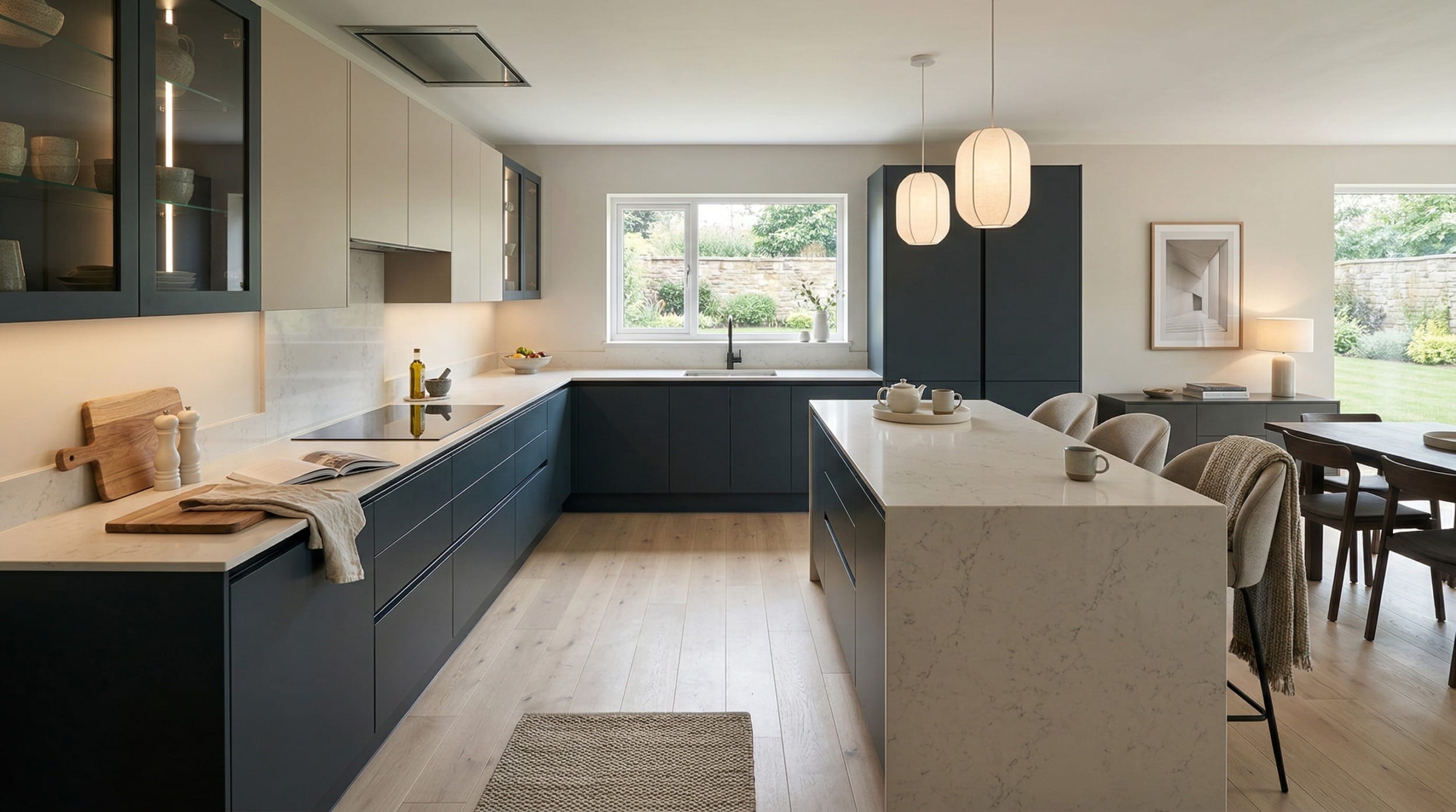 hero2_1200x675-387 Modern kitchen with dark blue units, marble island, pale wood floor, pendant lights