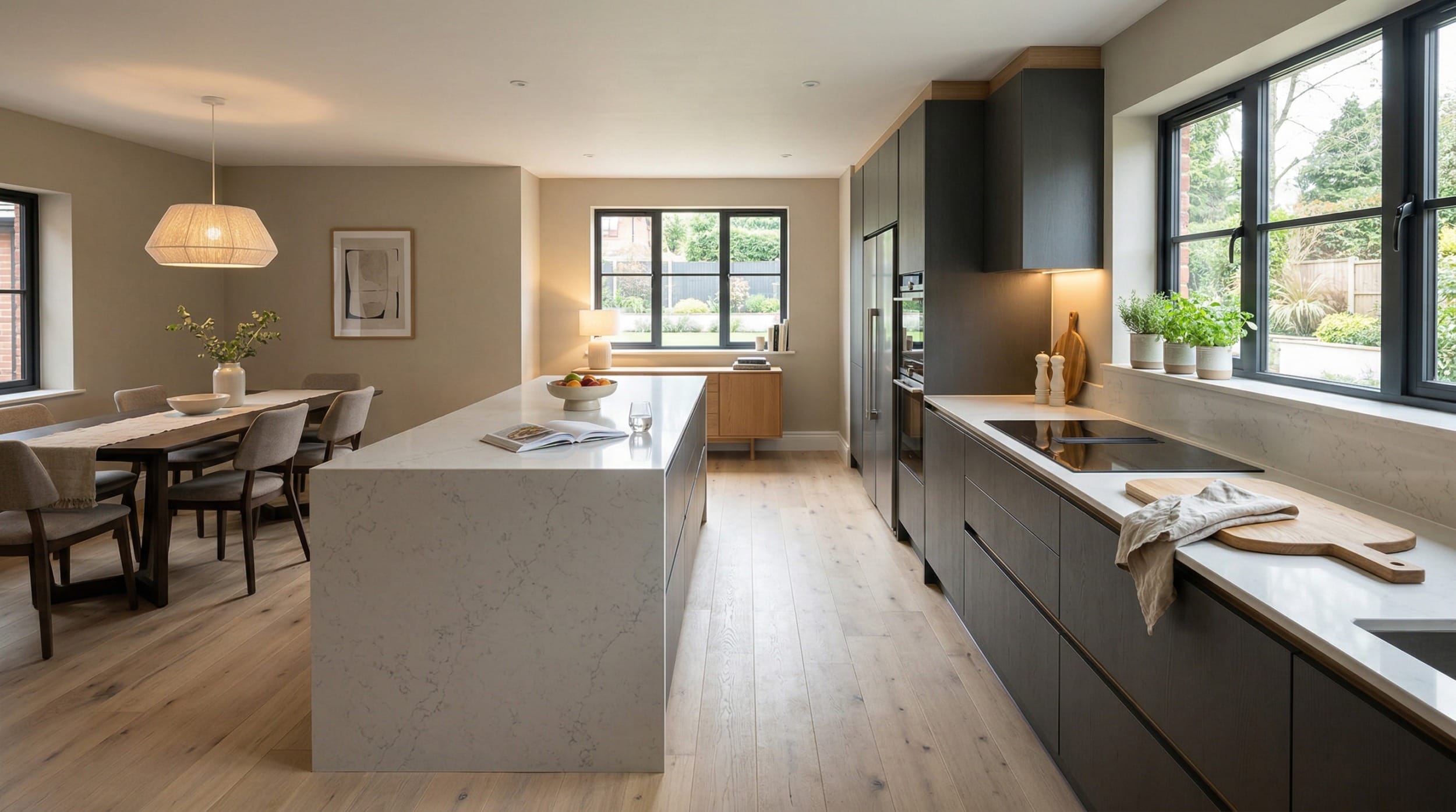 hero2_1200x675-388 modern kitchen with marble island, dark cabinets, light wood floor and large windows