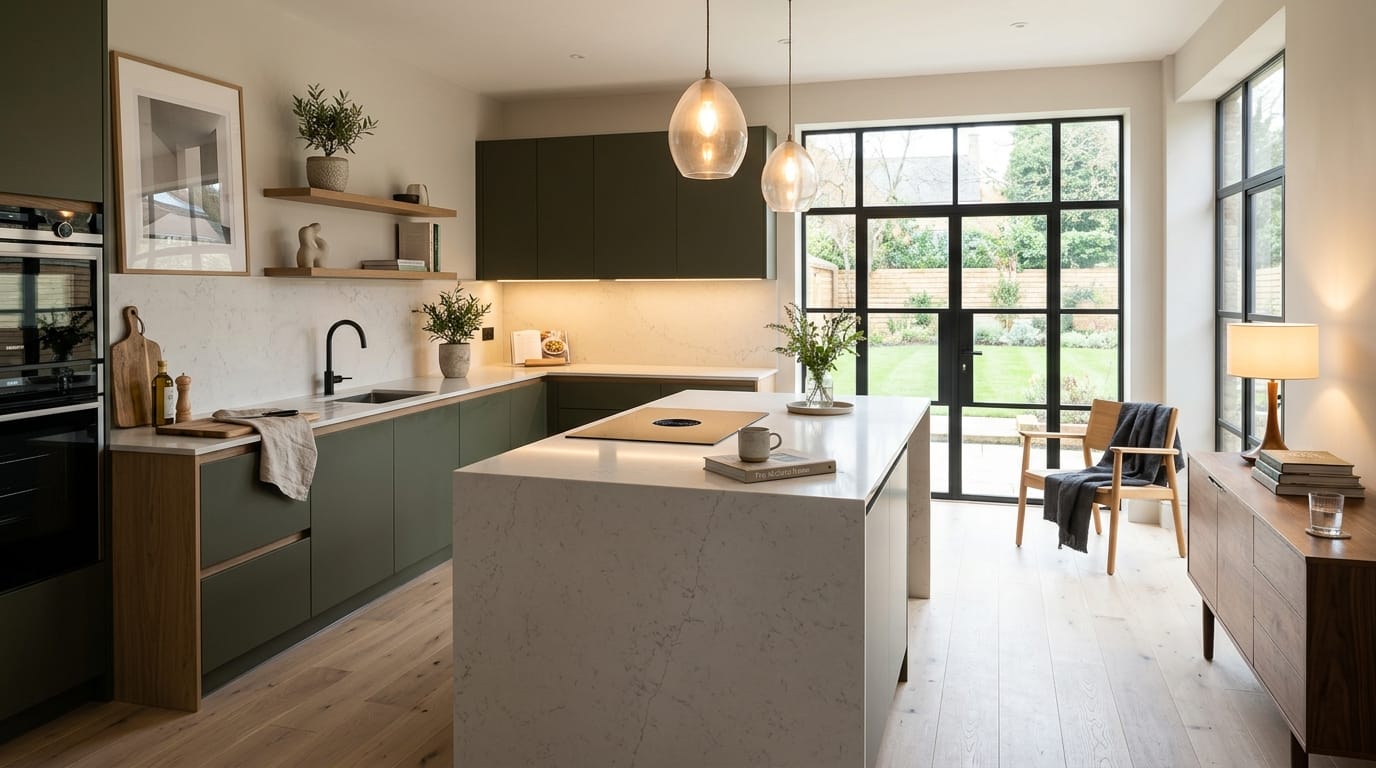 Mastercraft bespoke kitchen in Oxford, wide architectural view showing room volume and design quality