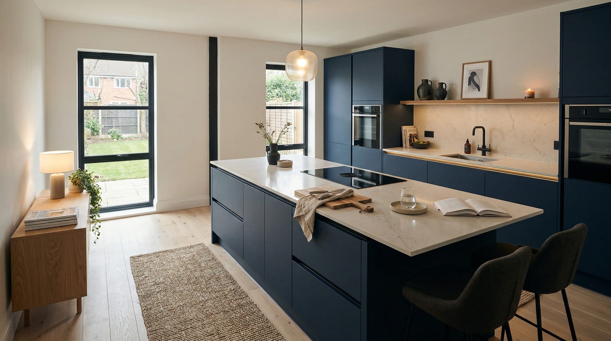 Modern Mastercraft kitchen with navy units, marble worktops and minimalist pendant light