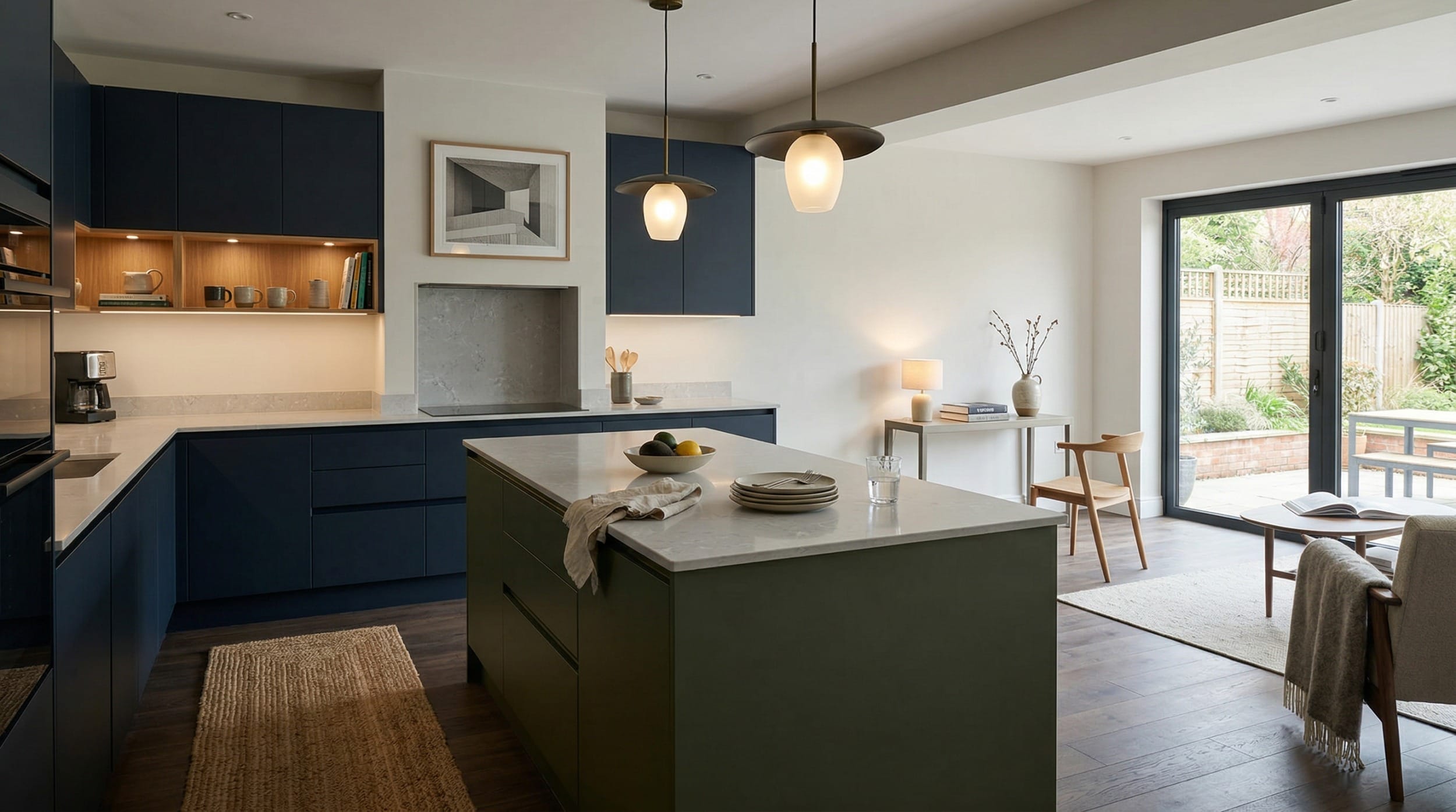 Mastercraft bespoke kitchen design, wide architectural view showing room volume and design quality