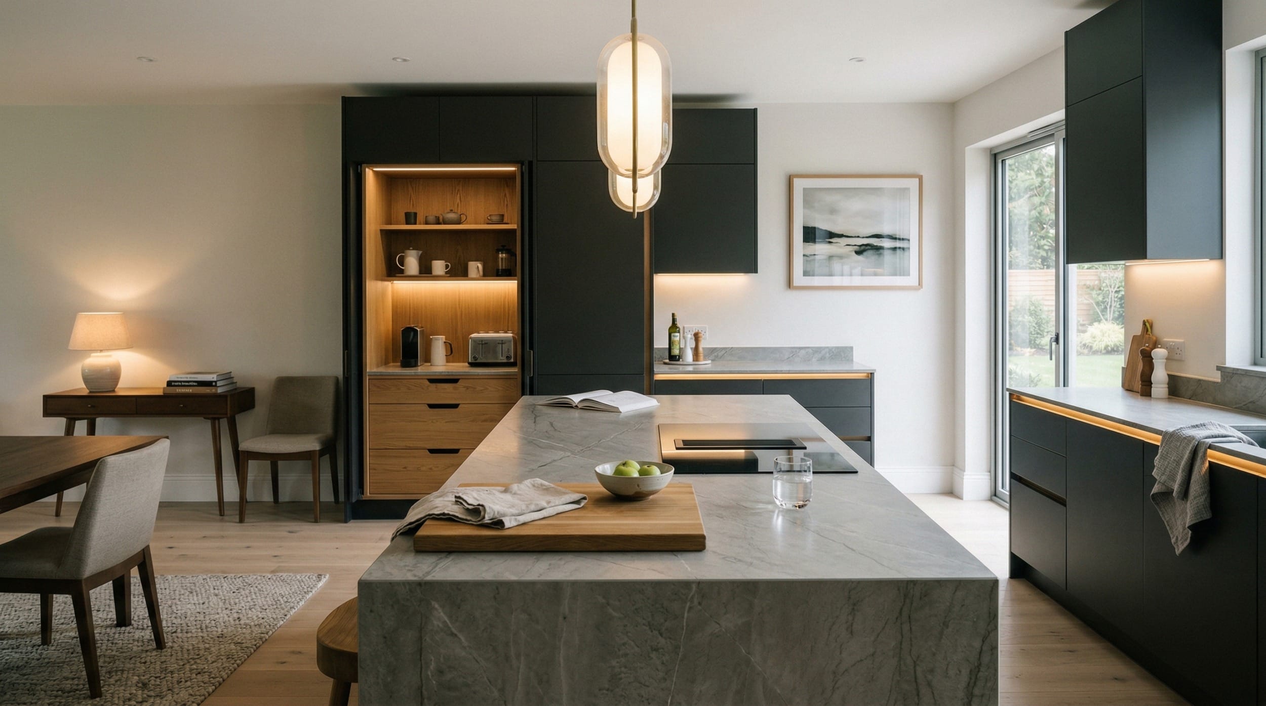 Mastercraft bespoke kitchen design, wide architectural view showing room volume and design quality