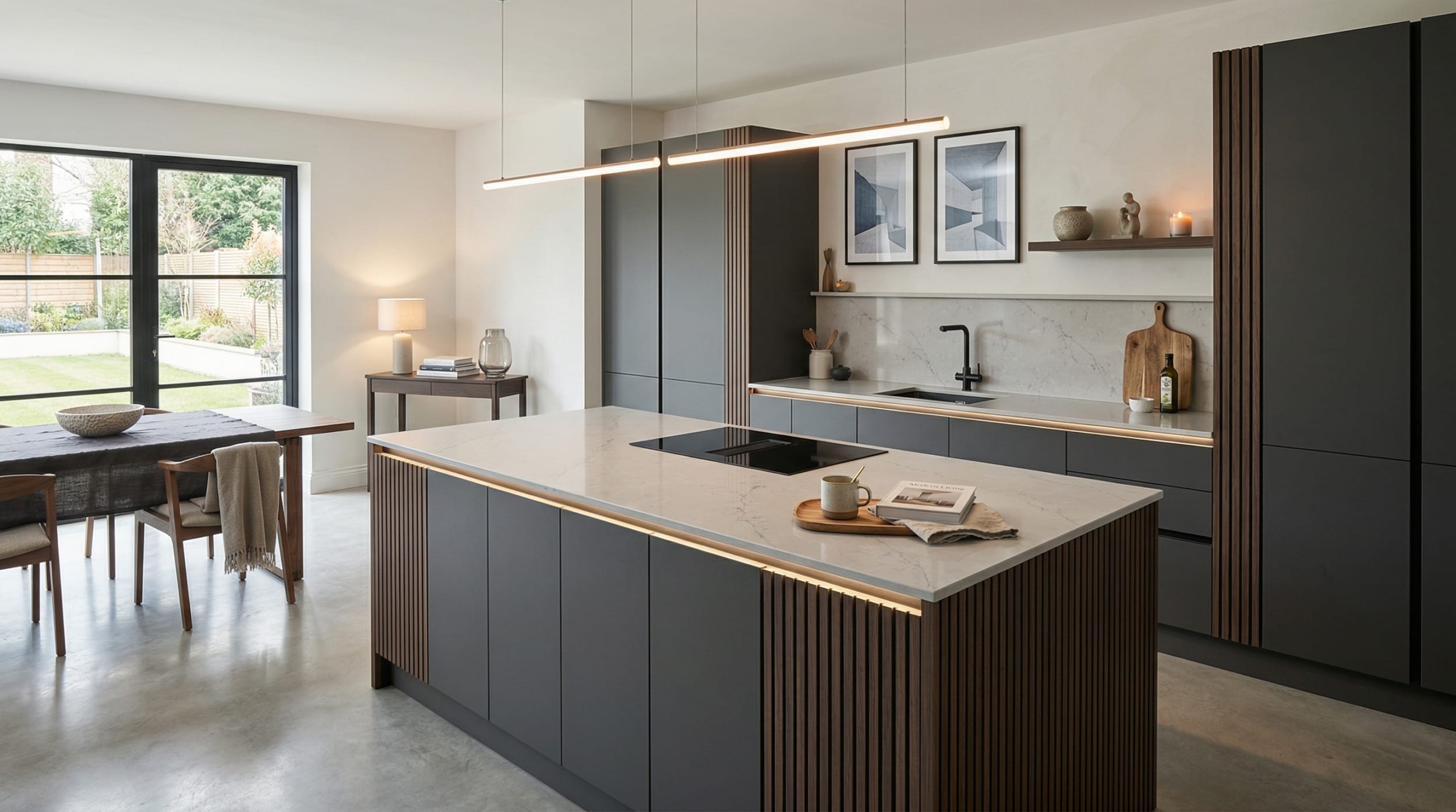 modern kitchen with matte grey units, marble worktops, and wood slat island detail