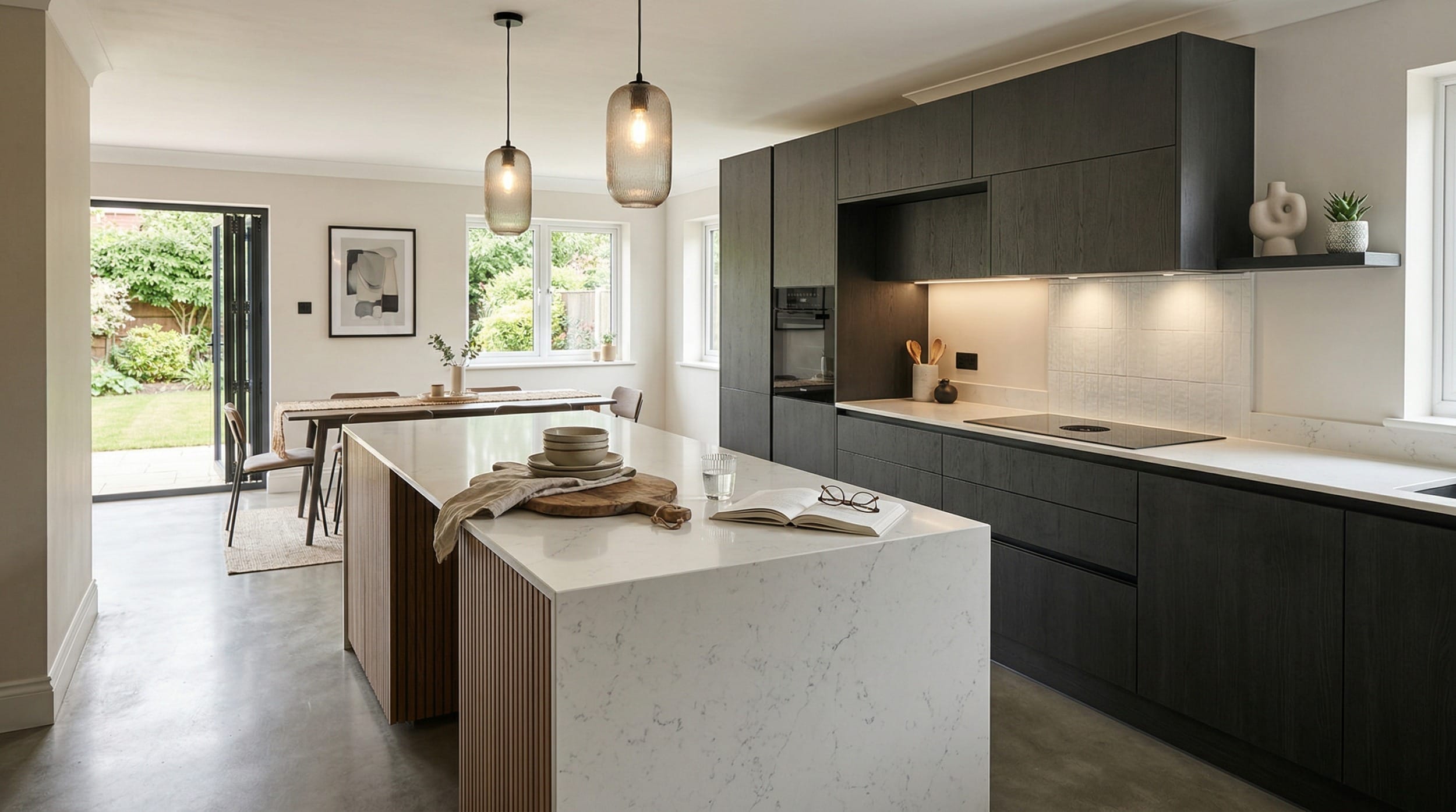Modern Mastercraft kitchen with dark wood units and white marble island