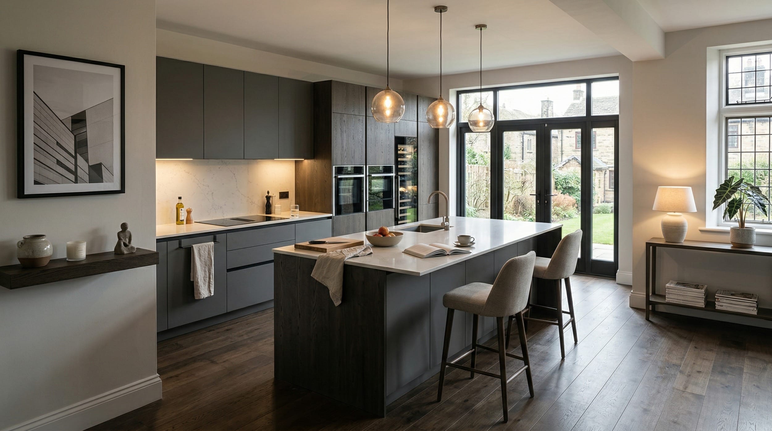 modern kitchen with dark grey units, marble worktops and globe pendant lights