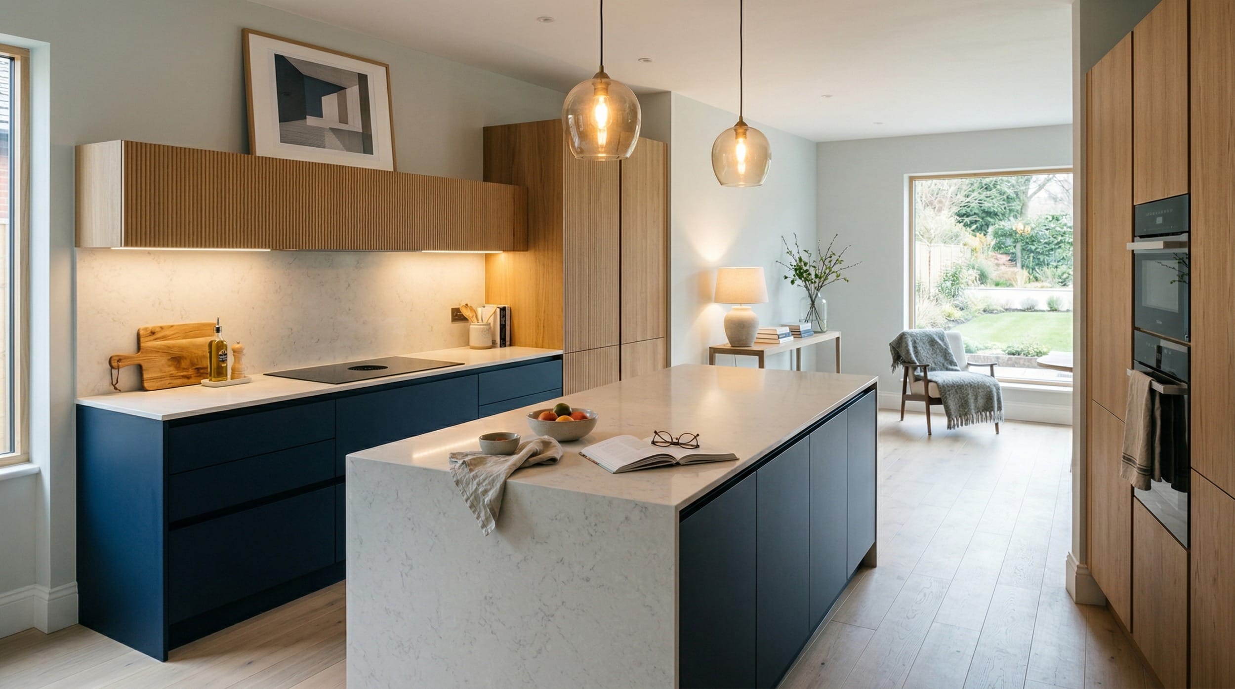 hero2_1200x675-398 modern kitchen with navy base units, wood accents and marble worktops