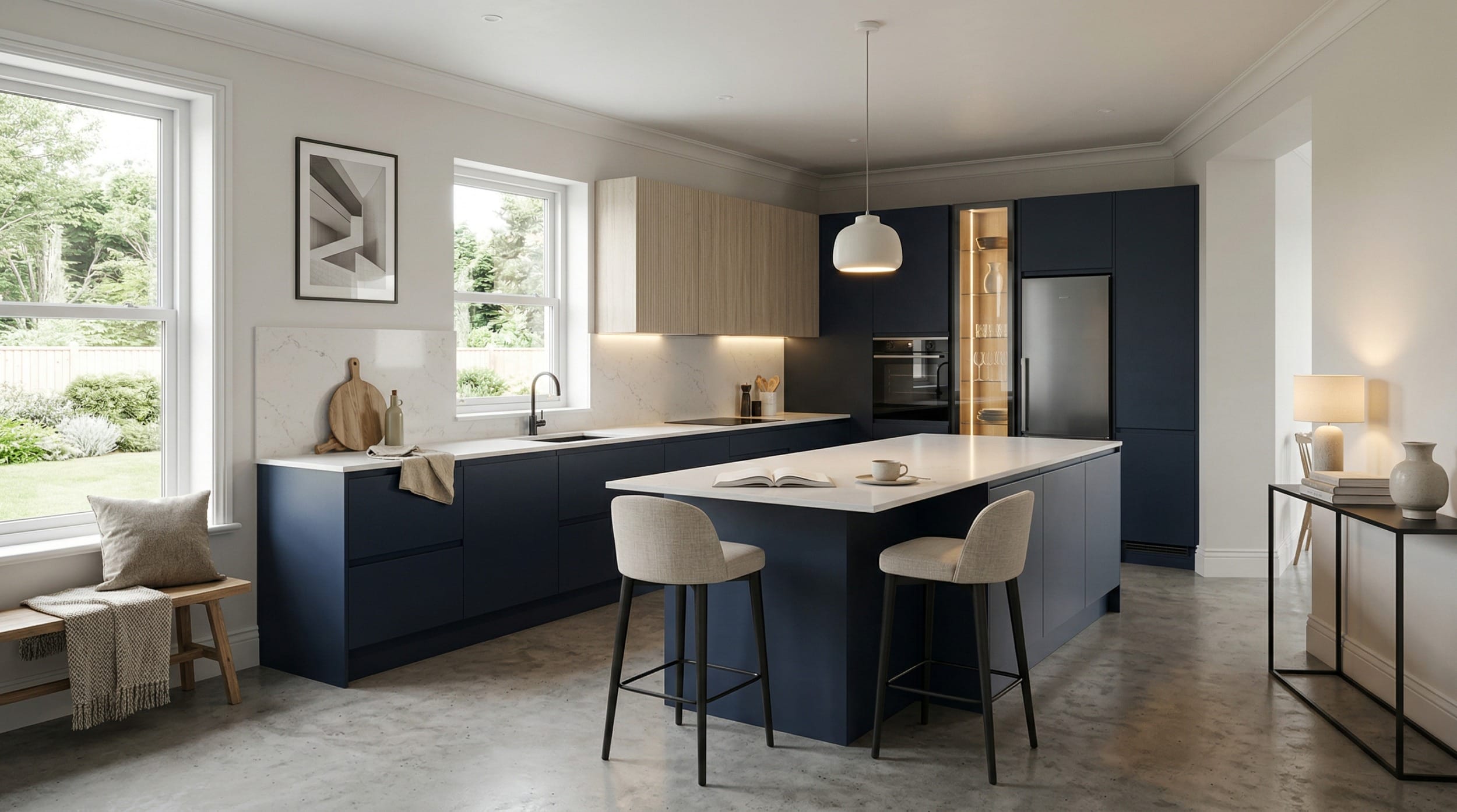 Modern kitchen with navy units, white worktops and light wood accents