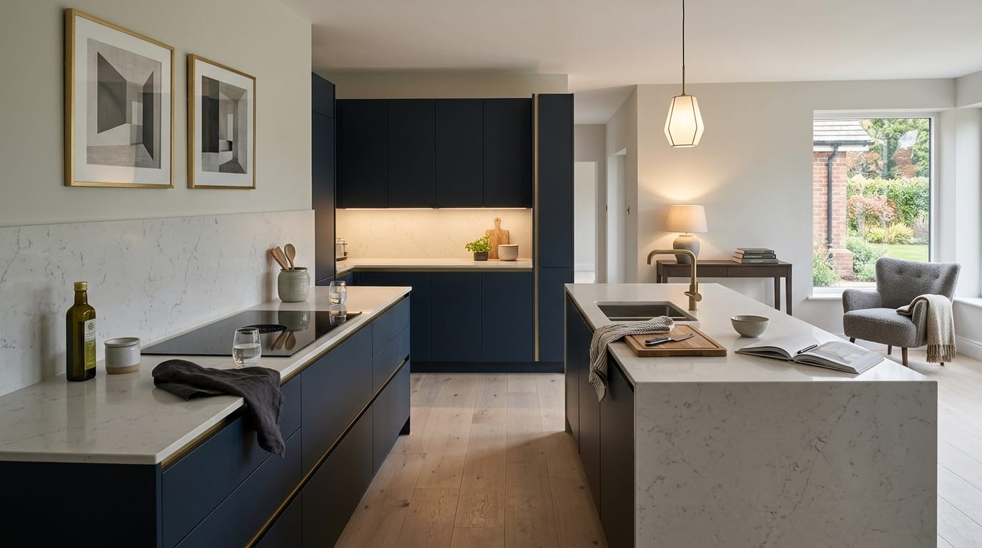 Mastercraft bespoke kitchen in Wilmslow, wide architectural view showing room volume and design quality