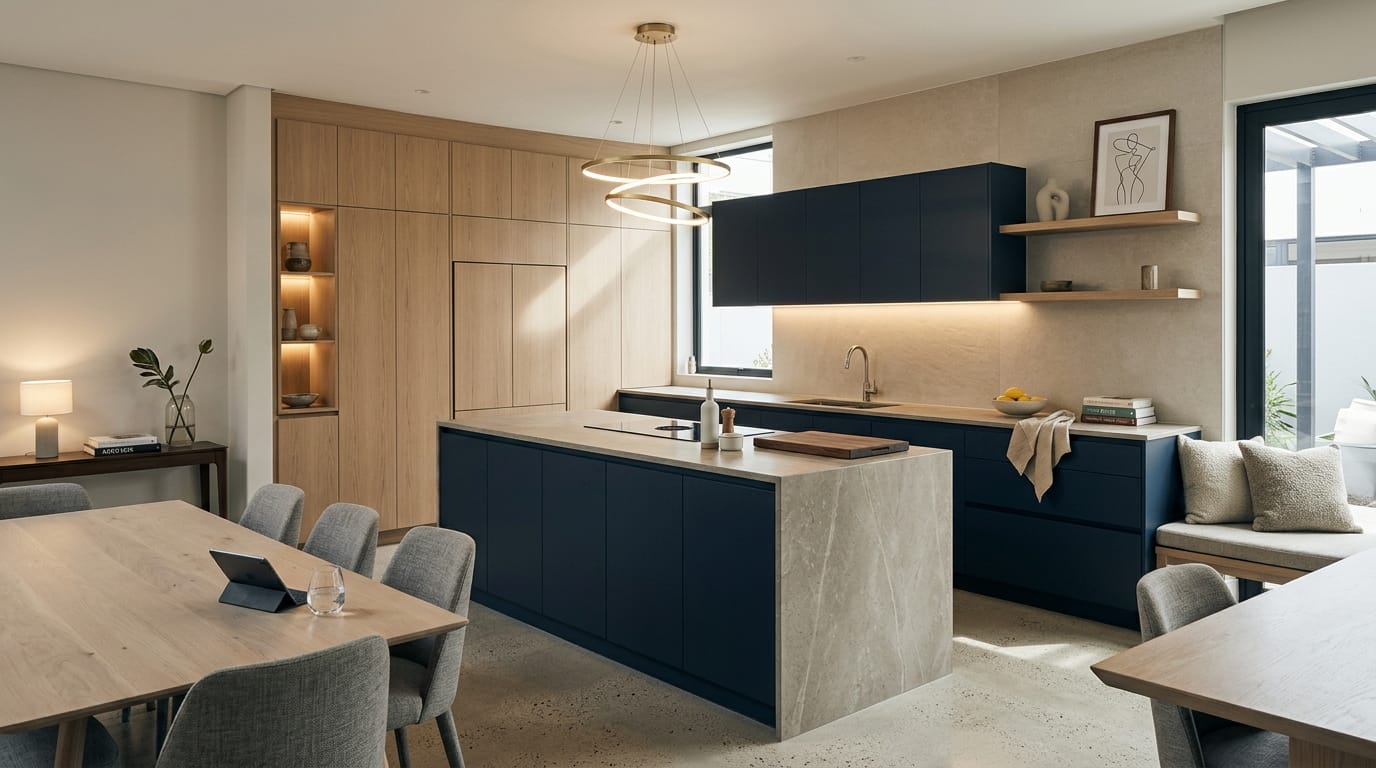 Mastercraft bespoke kitchen in Woodstock, wide architectural view showing room volume and design quality