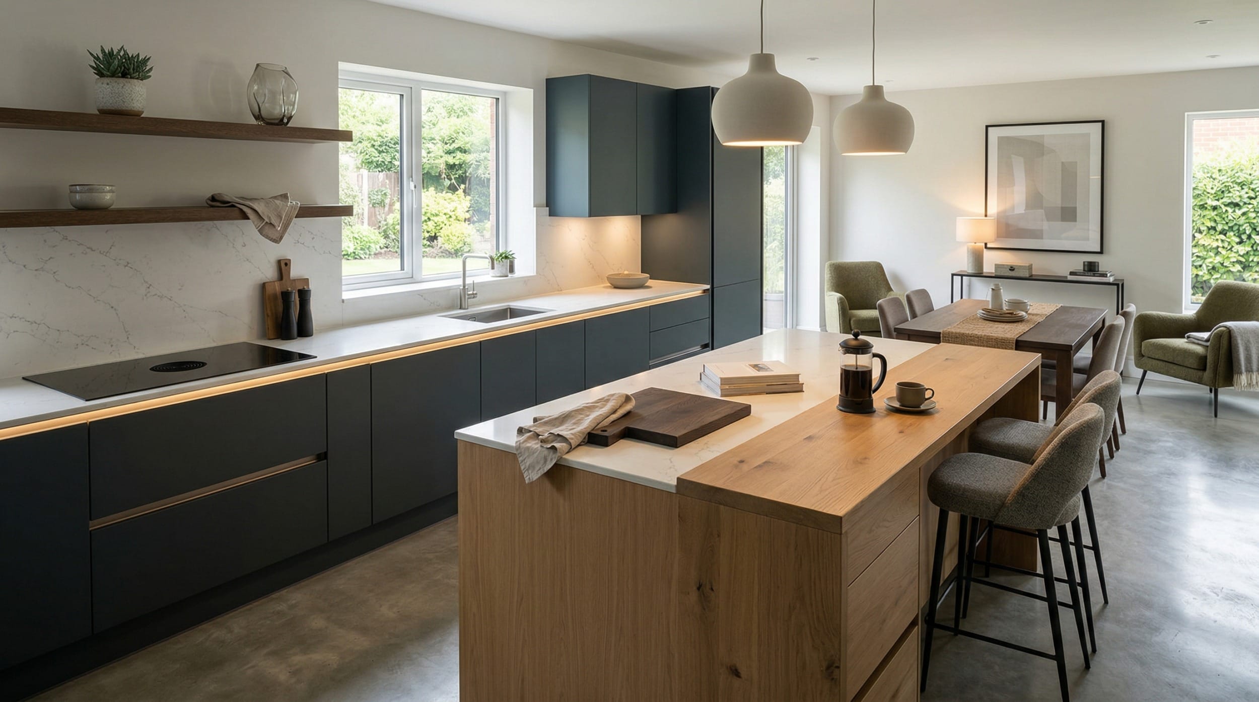 Mastercraft bespoke kitchen design, wide architectural view showing room volume and design quality