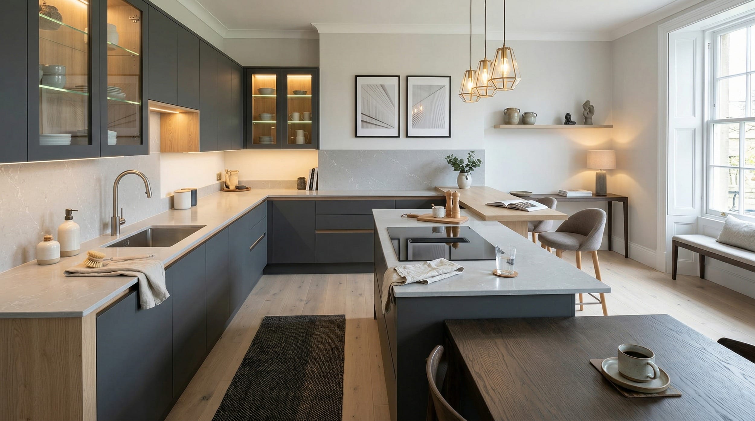 hero2_1200x675-401 Modern kitchen with matte dark cabinets, marble surfaces and pendant lighting