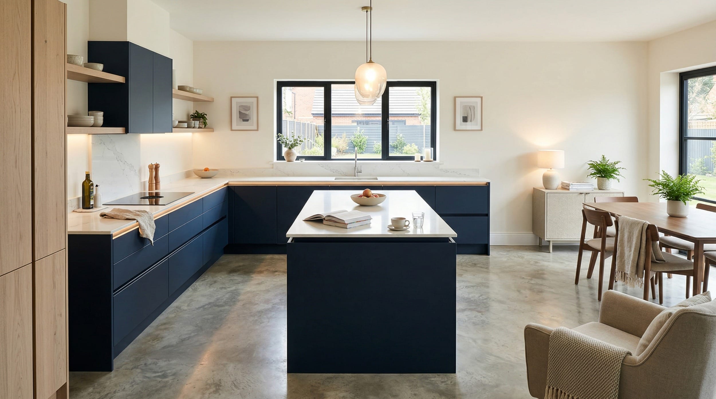 hero2_1200x675-402 Modern kitchen with navy units, marble worktops and open wooden shelving