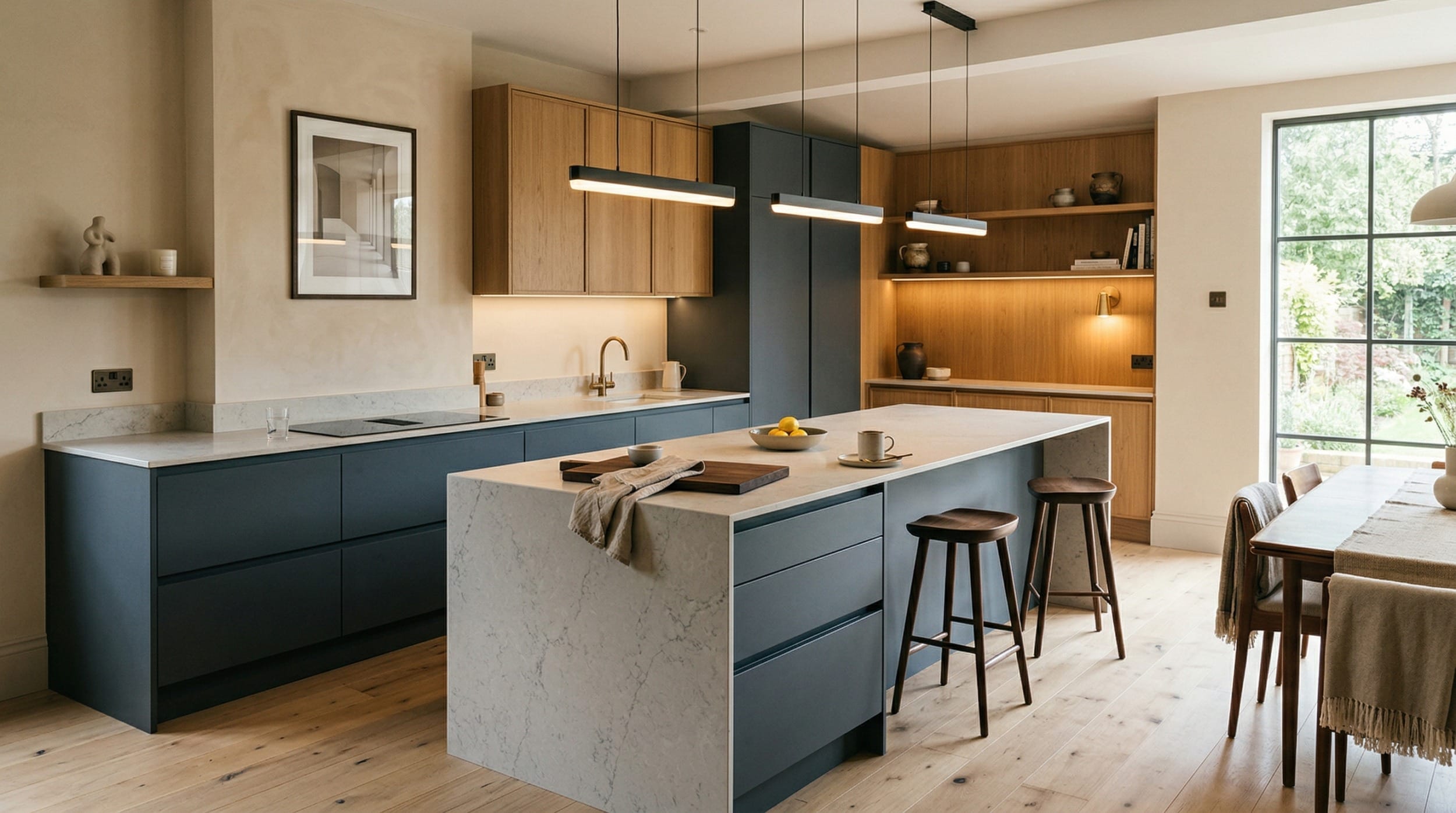 Mastercraft bespoke kitchen design, wide architectural view showing room volume and design quality