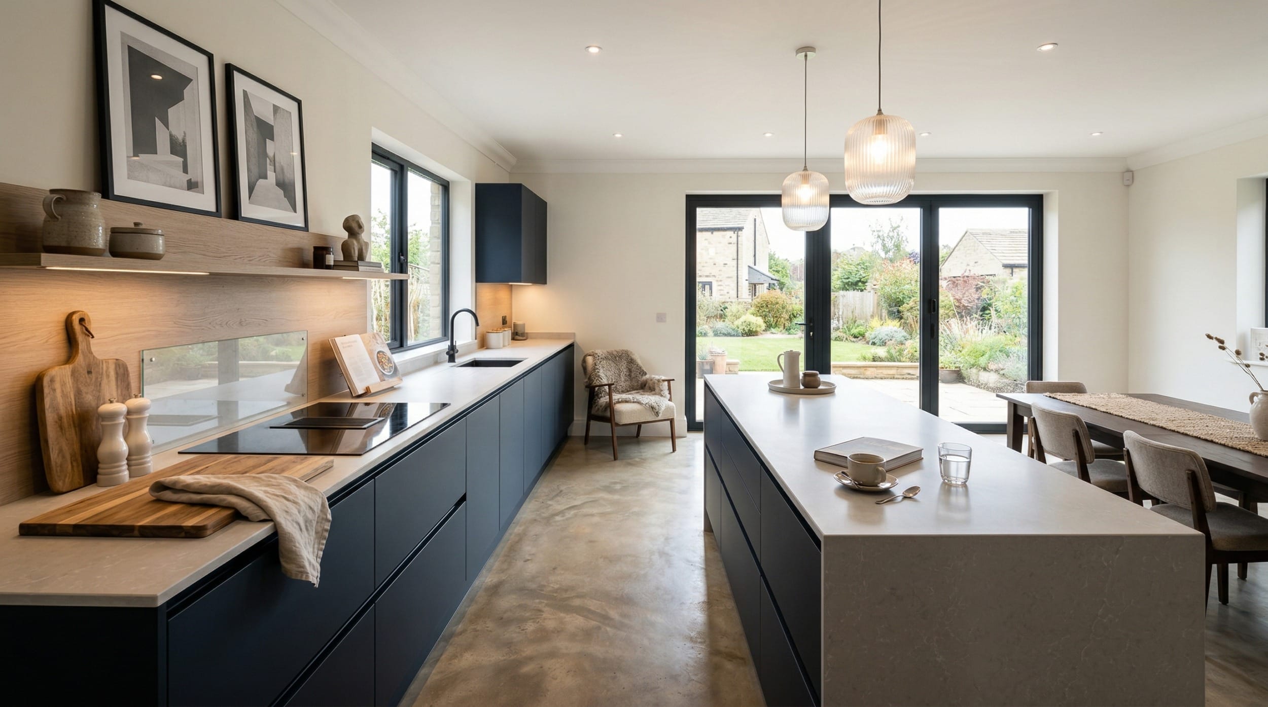 Mastercraft bespoke kitchen design, wide architectural view showing room volume and design quality