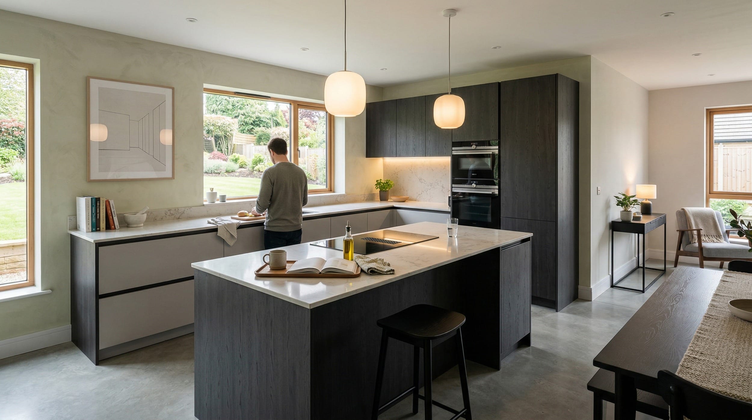Modern kitchen with dark wood units, marble worktops and large picture windows